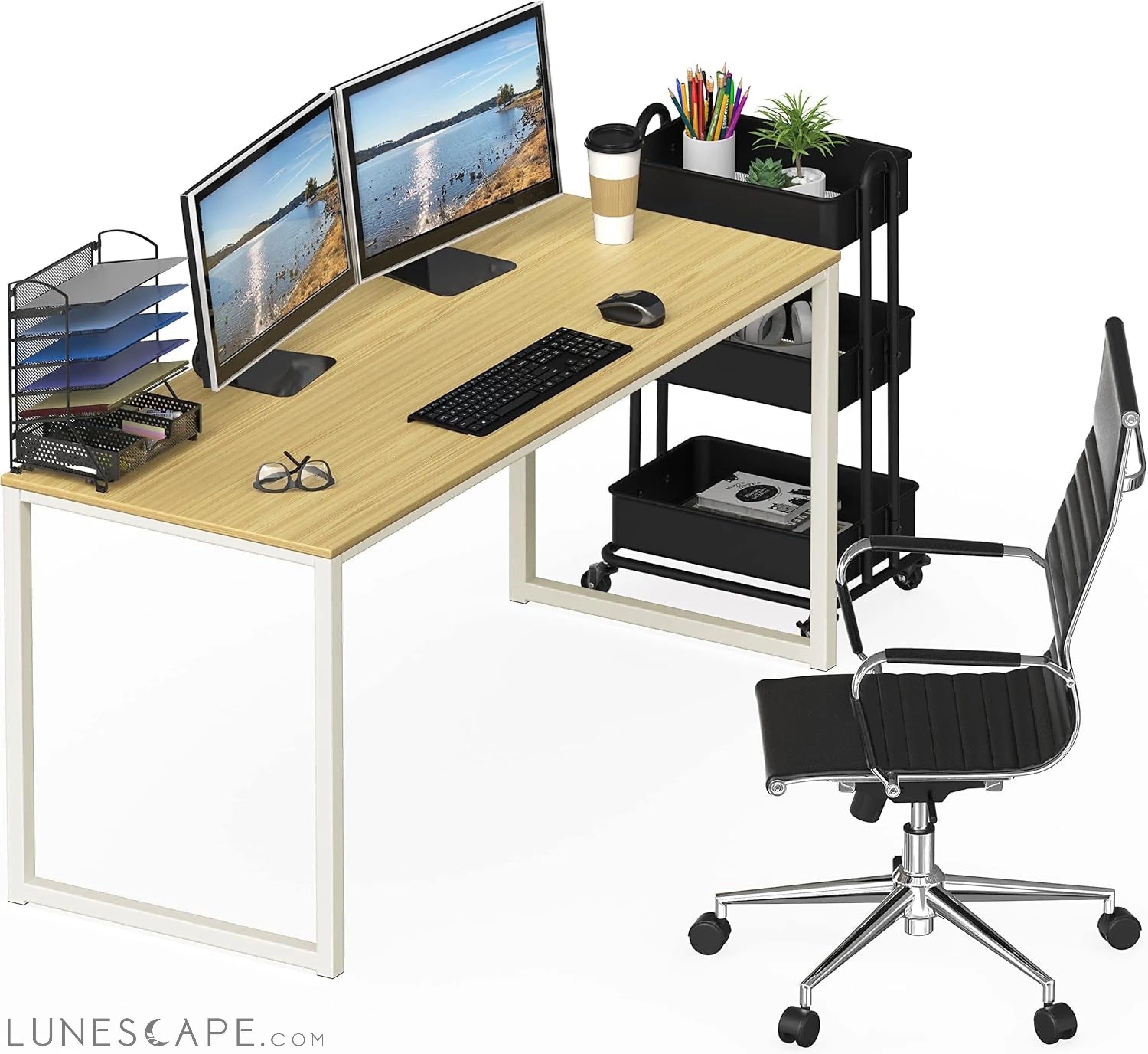 Home Office 55 Inch Computer Desk, 24" Deep, Oak LUNESCAPE