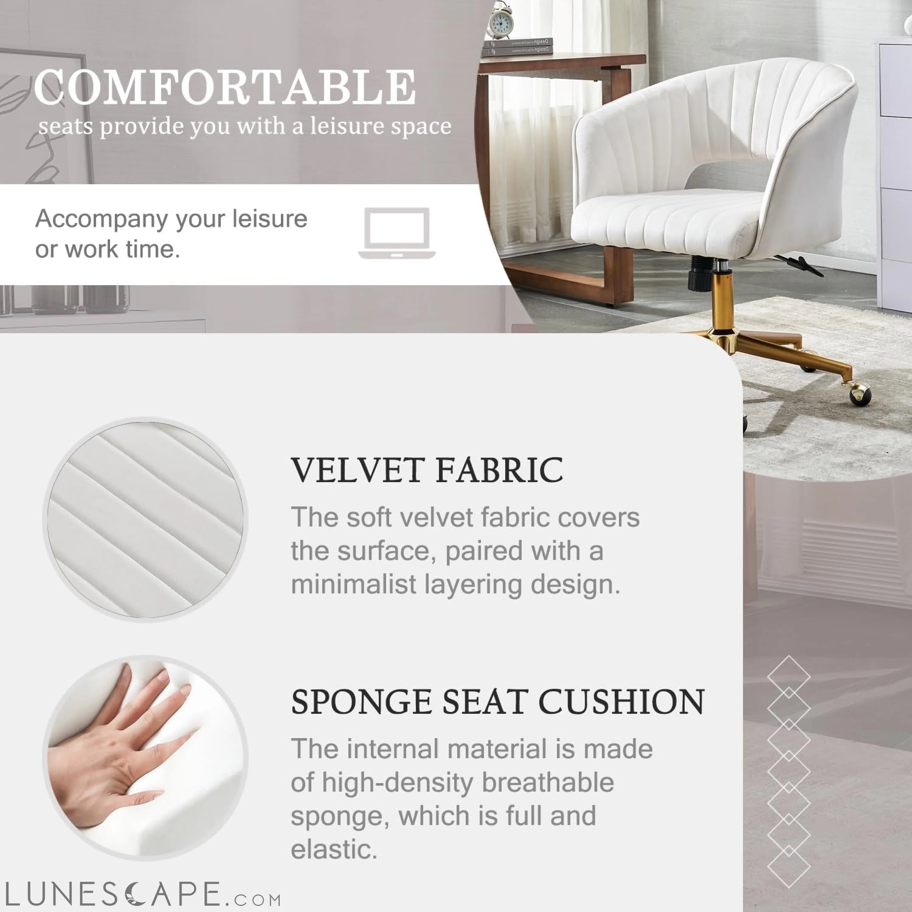 Home Office Chair Swivel Velvet Desk Chair, Vanity Chair with 360 LUNESCAPE