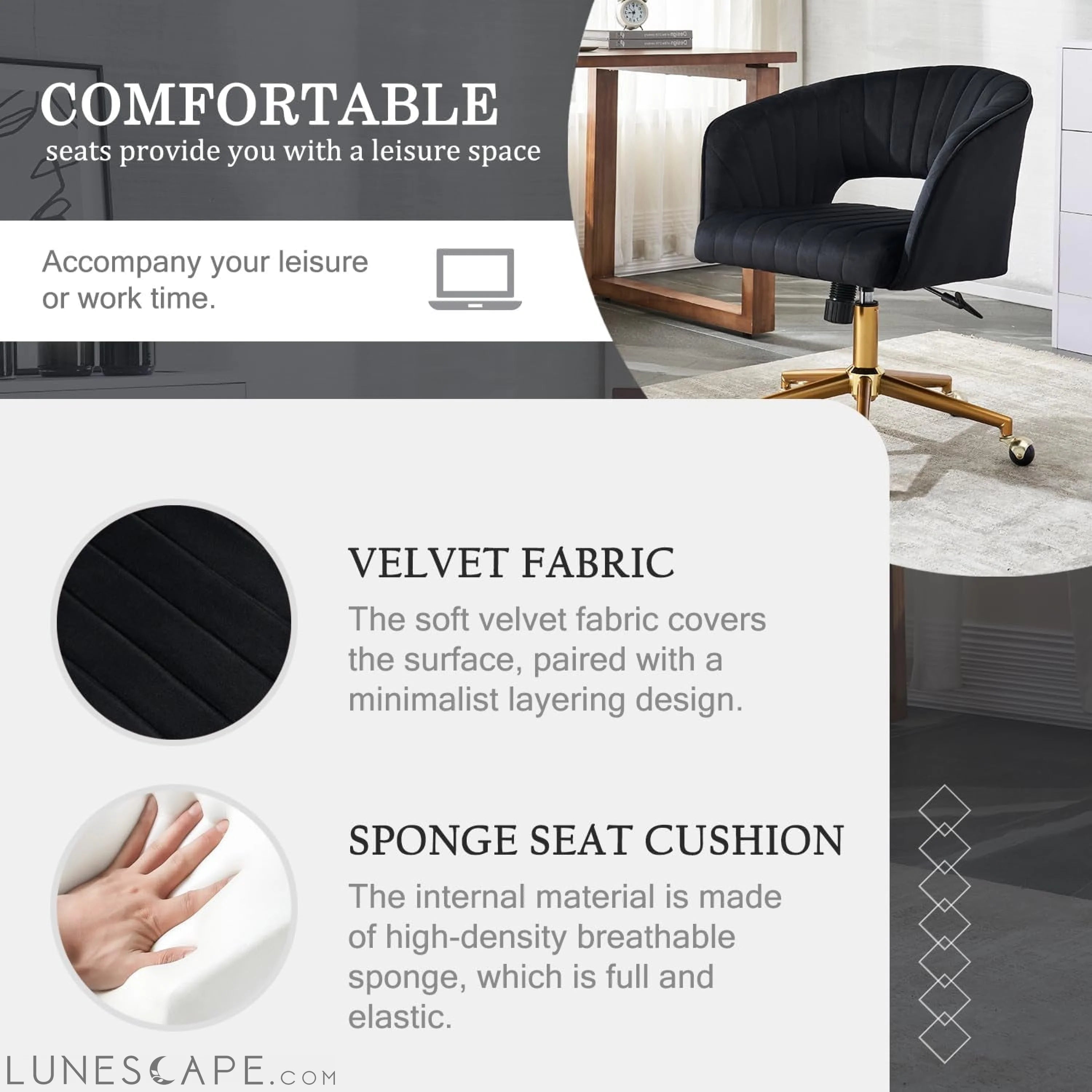 Home Office Chair Swivel Velvet Desk Chair, Vanity Chair with 360 LUNESCAPE