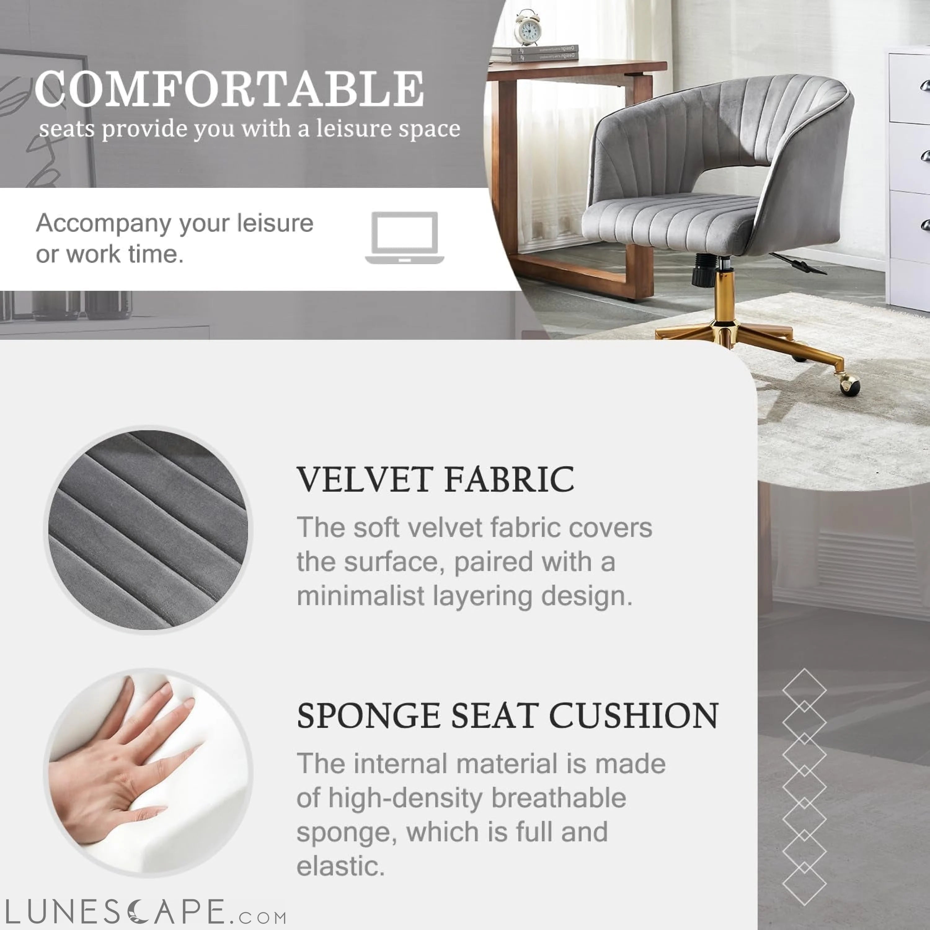 Home Office Chair Swivel Velvet Desk Chair, Vanity Chair with 360 LUNESCAPE
