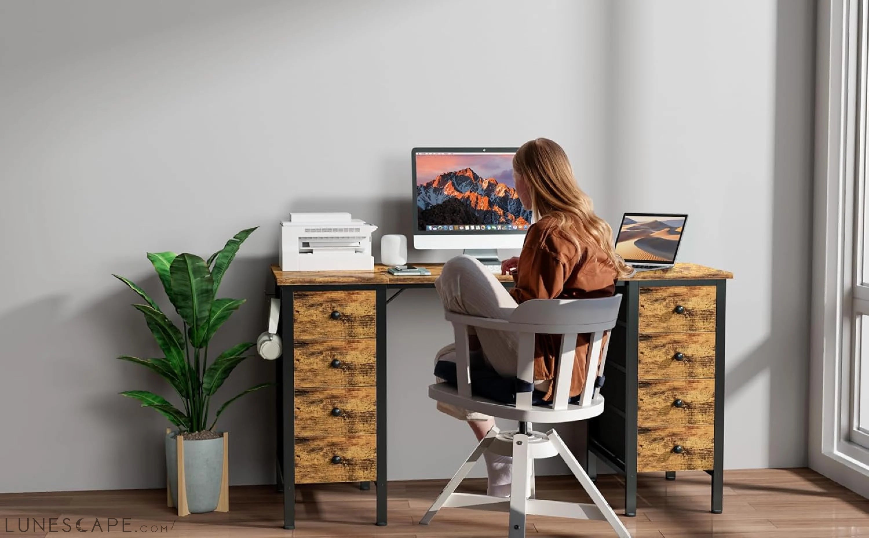 Home Office Desk with Drawers for Storage - 55 Inch Computer Desk with LUNESCAPE