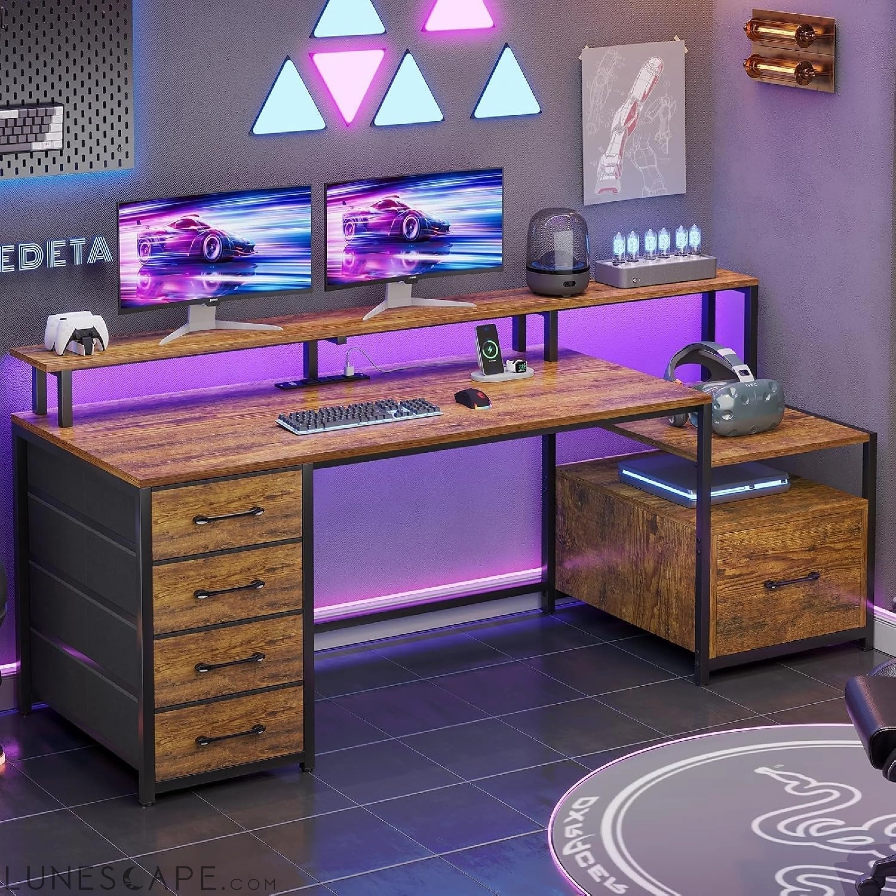 Home Office Desk with File Drawer & Power Outlet, 66'' Computer Desk LUNESCAPE