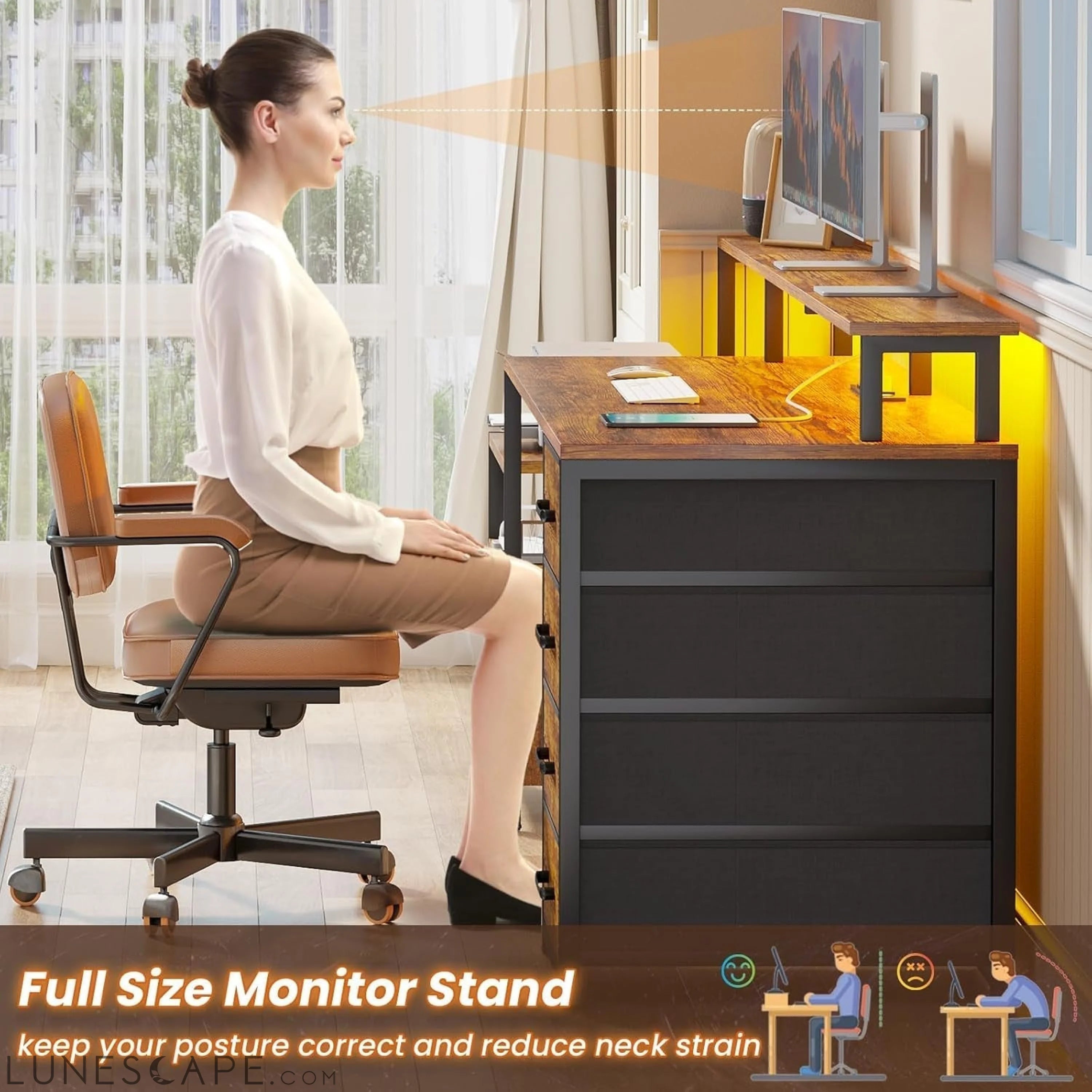 Home Office Desk with File Drawer & Power Outlet, 66'' Computer Desk LUNESCAPE