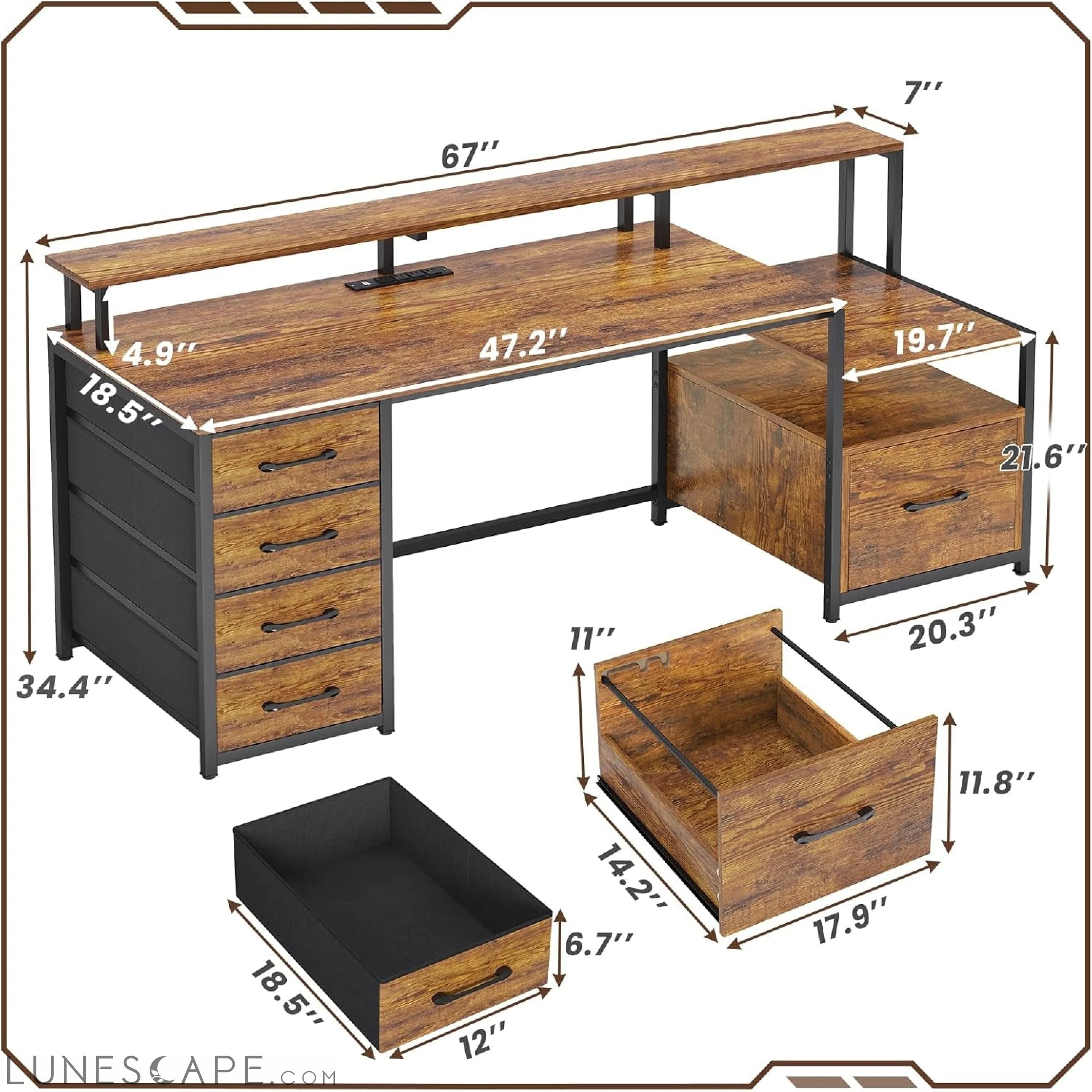 Home Office Desk with File Drawer & Power Outlet, 66'' Computer Desk LUNESCAPE