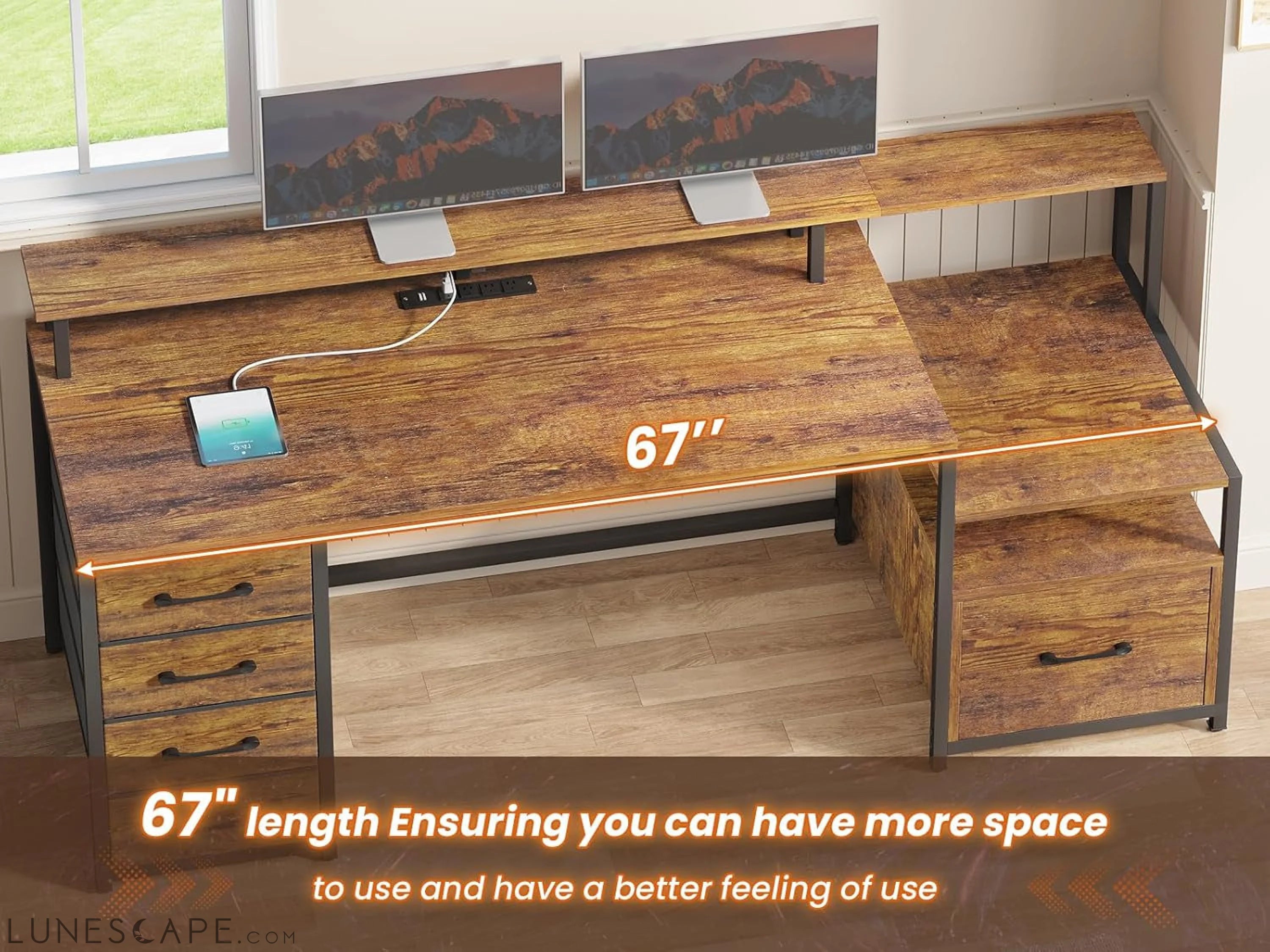 Home Office Desk with File Drawer & Power Outlet, 66'' Computer Desk LUNESCAPE