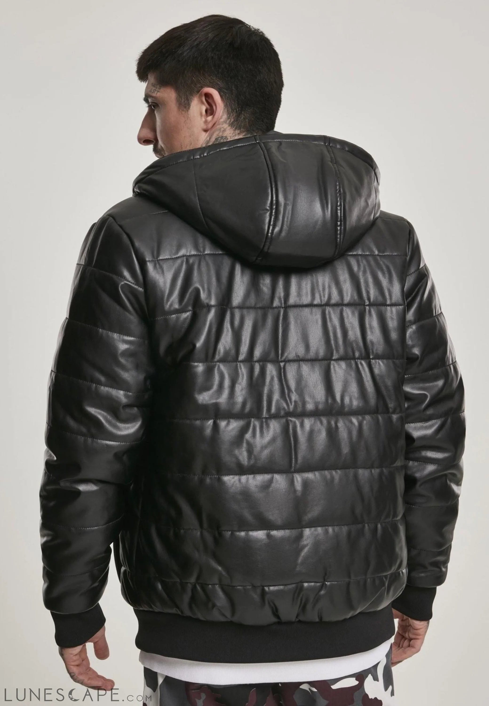 Hooded Faux Leather Bubble Jacket LUNESCAPE