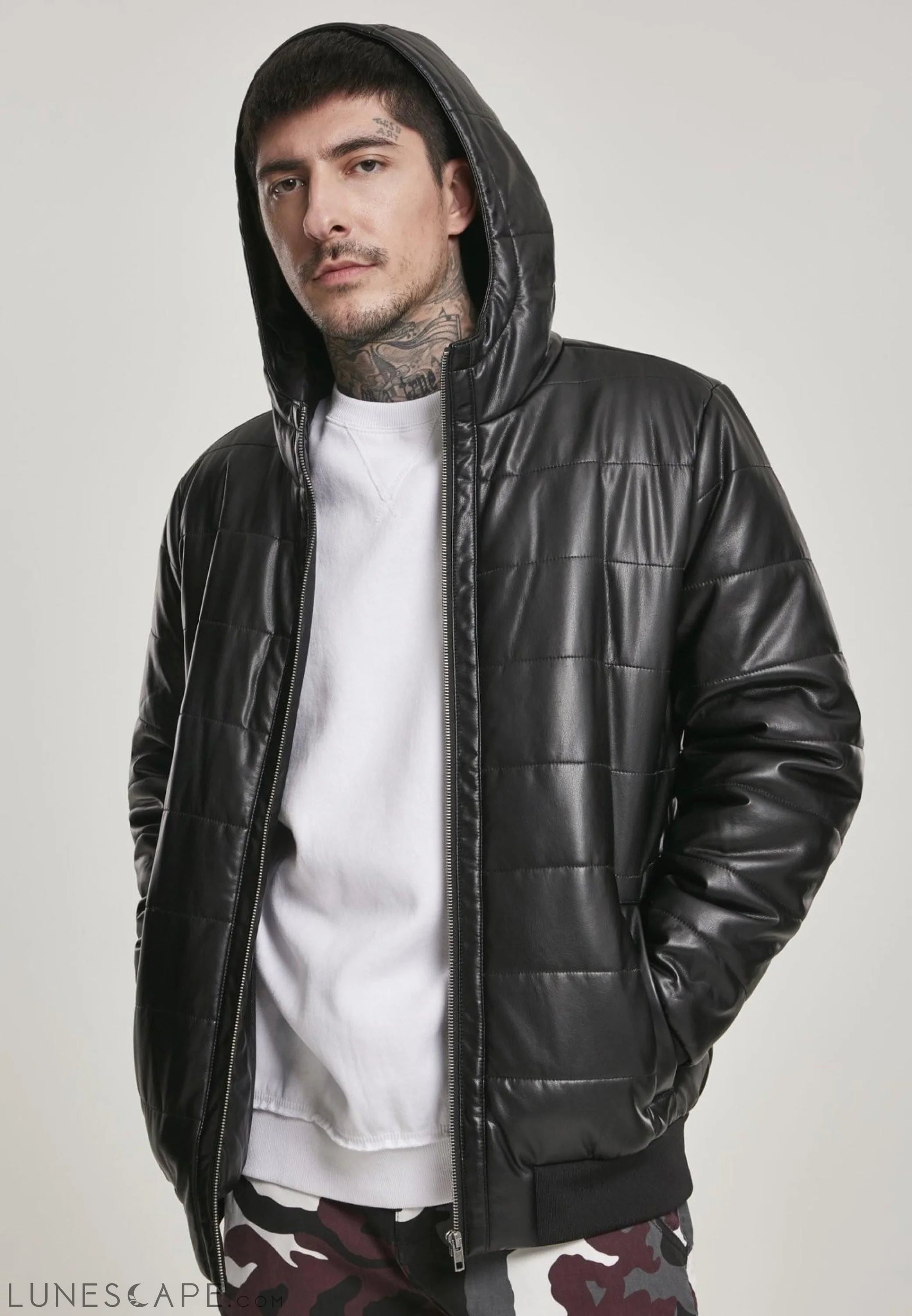 Hooded Faux Leather Bubble Jacket LUNESCAPE