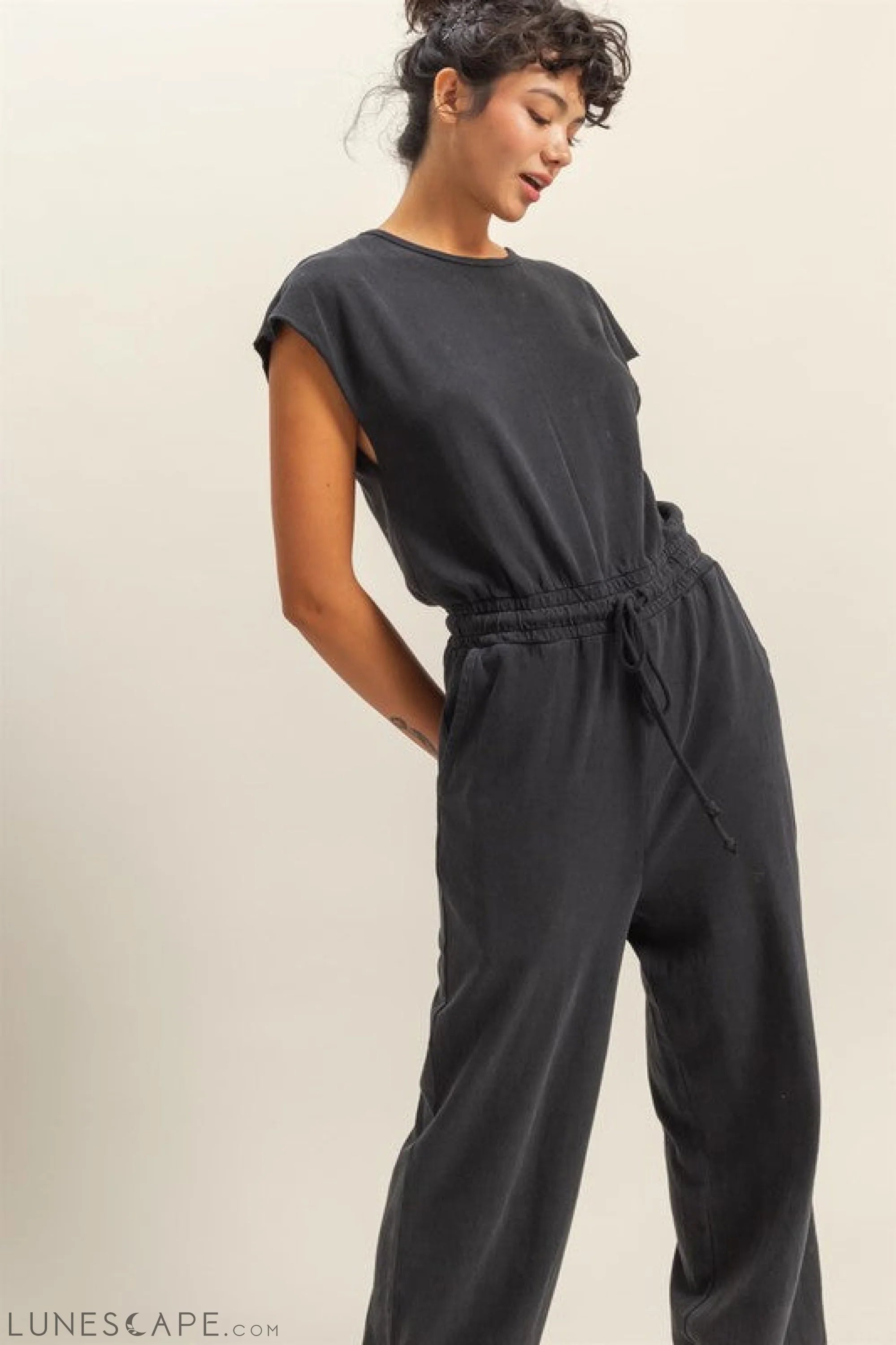 HYFVE Back Keyhole Round Neck Cap Sleeve Drawstring Jumpsuit LUNESCAPE