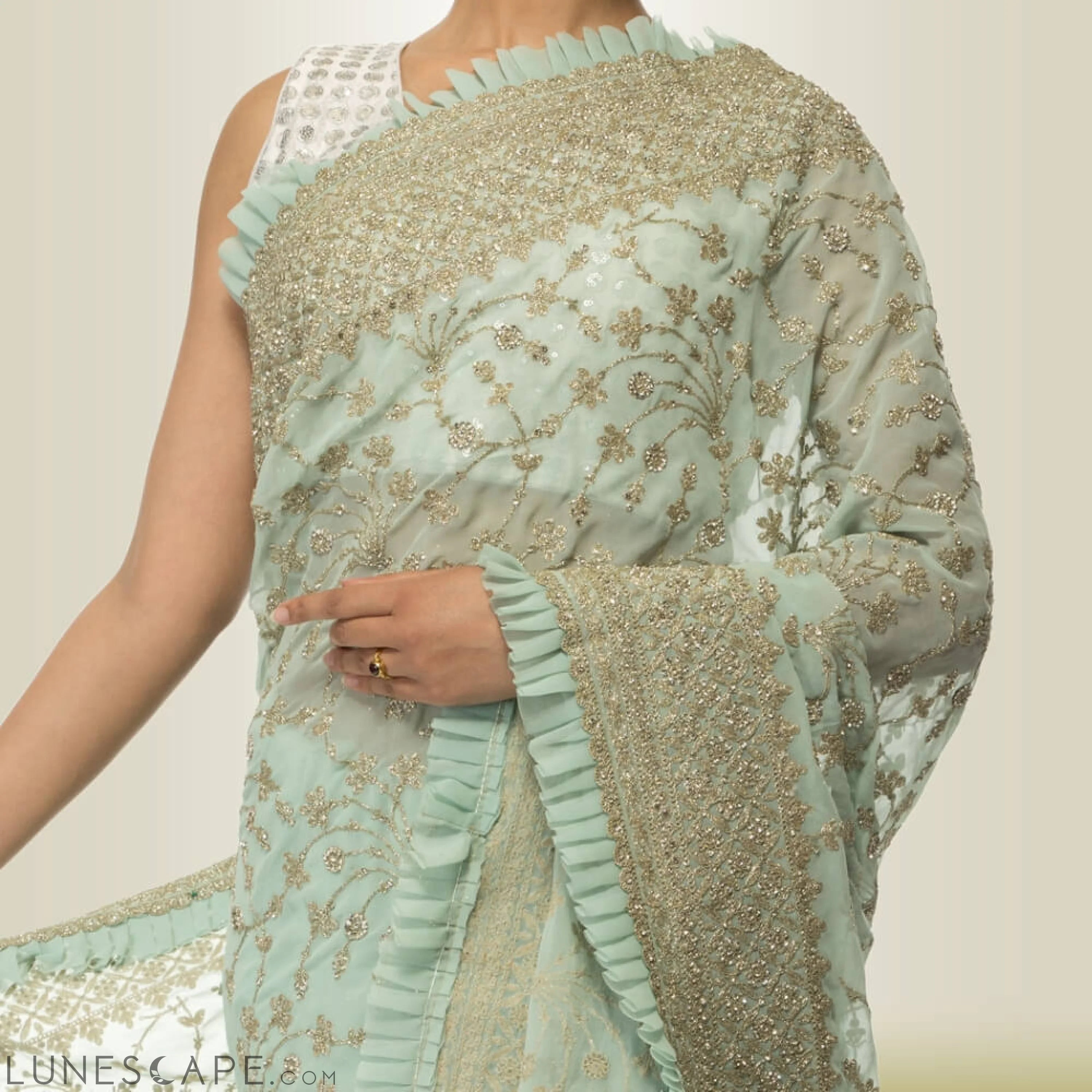 Indian Saree Dress in Georgette - Green LUNESCAPE