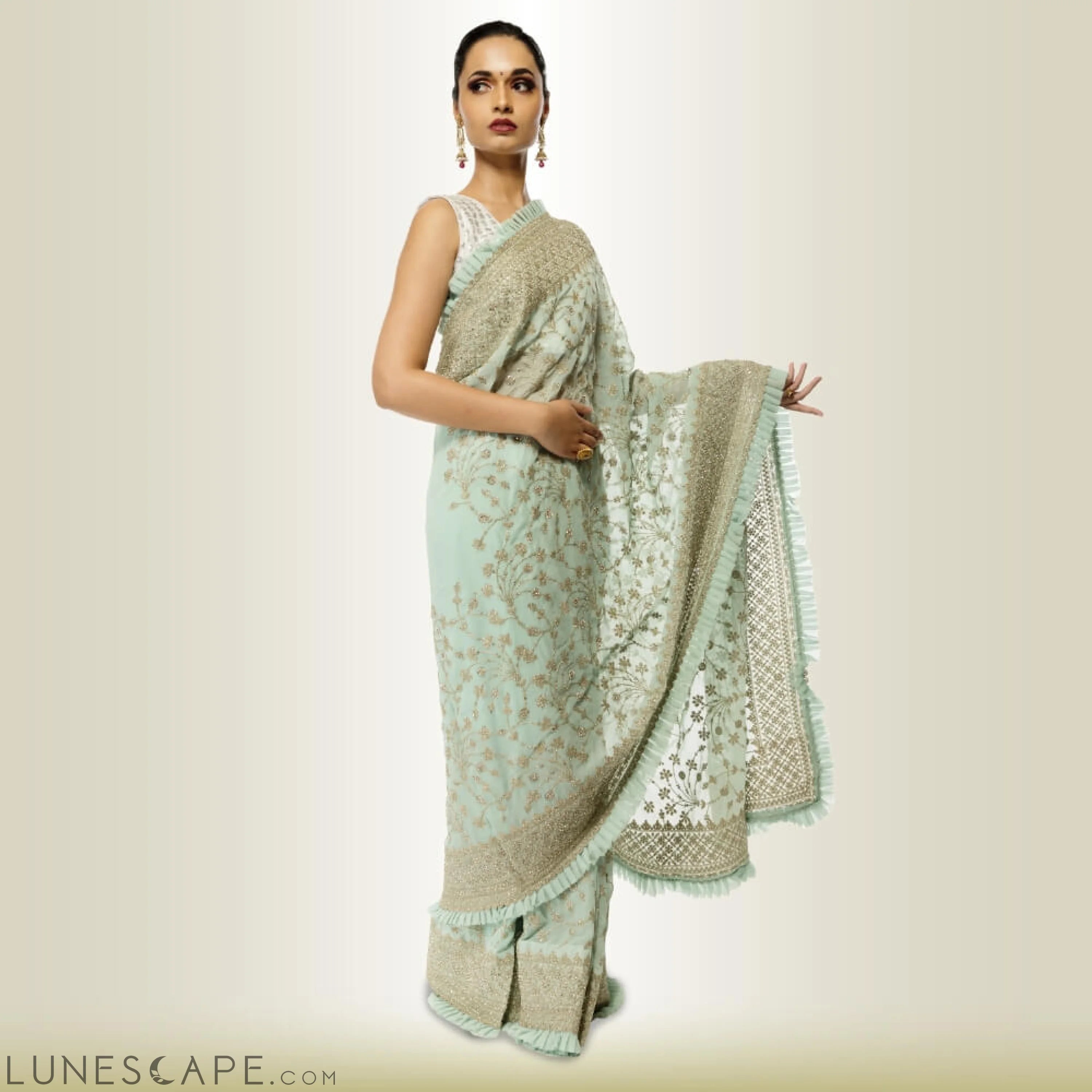 Indian Saree Dress in Georgette - Green LUNESCAPE