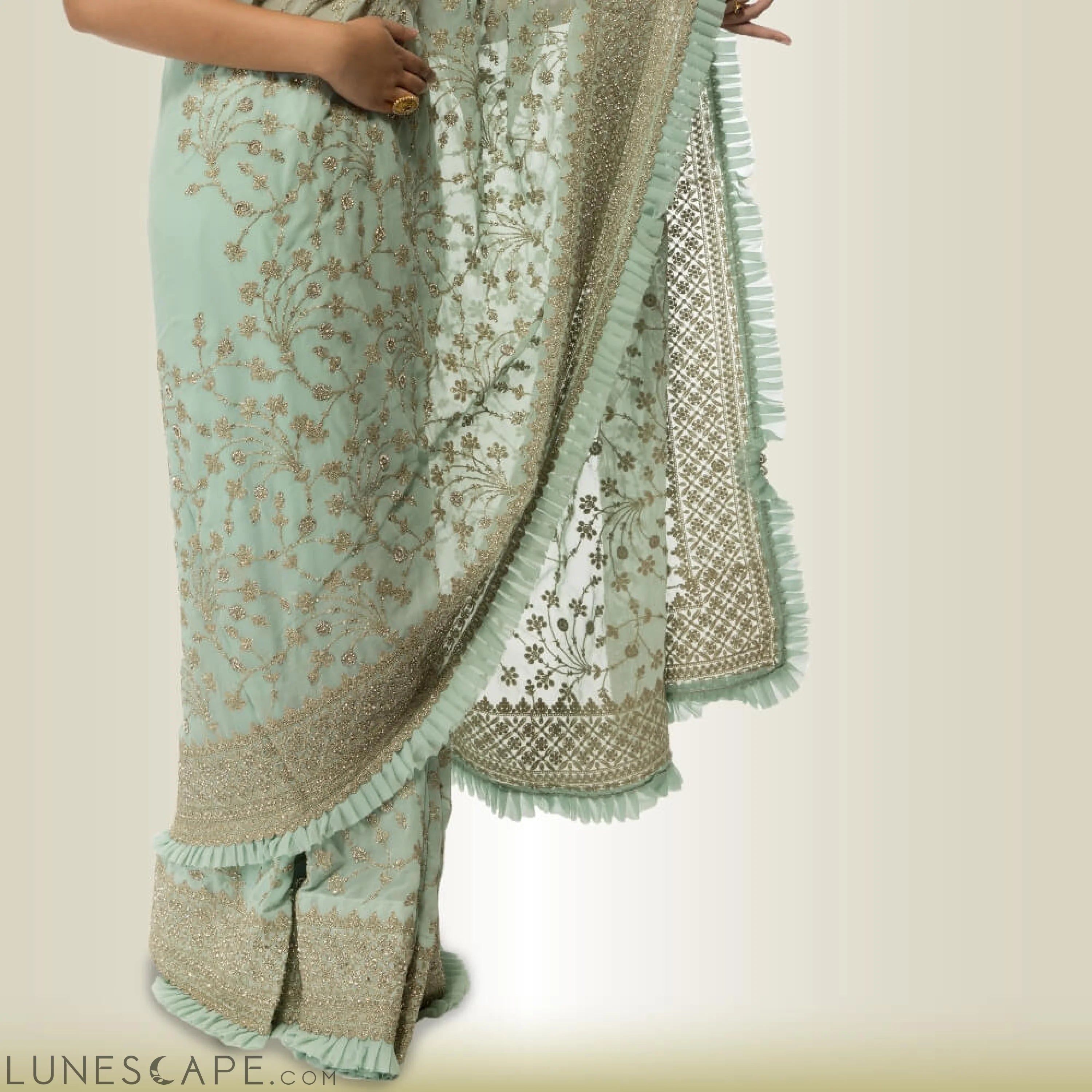 Indian Saree Dress in Georgette - Green LUNESCAPE