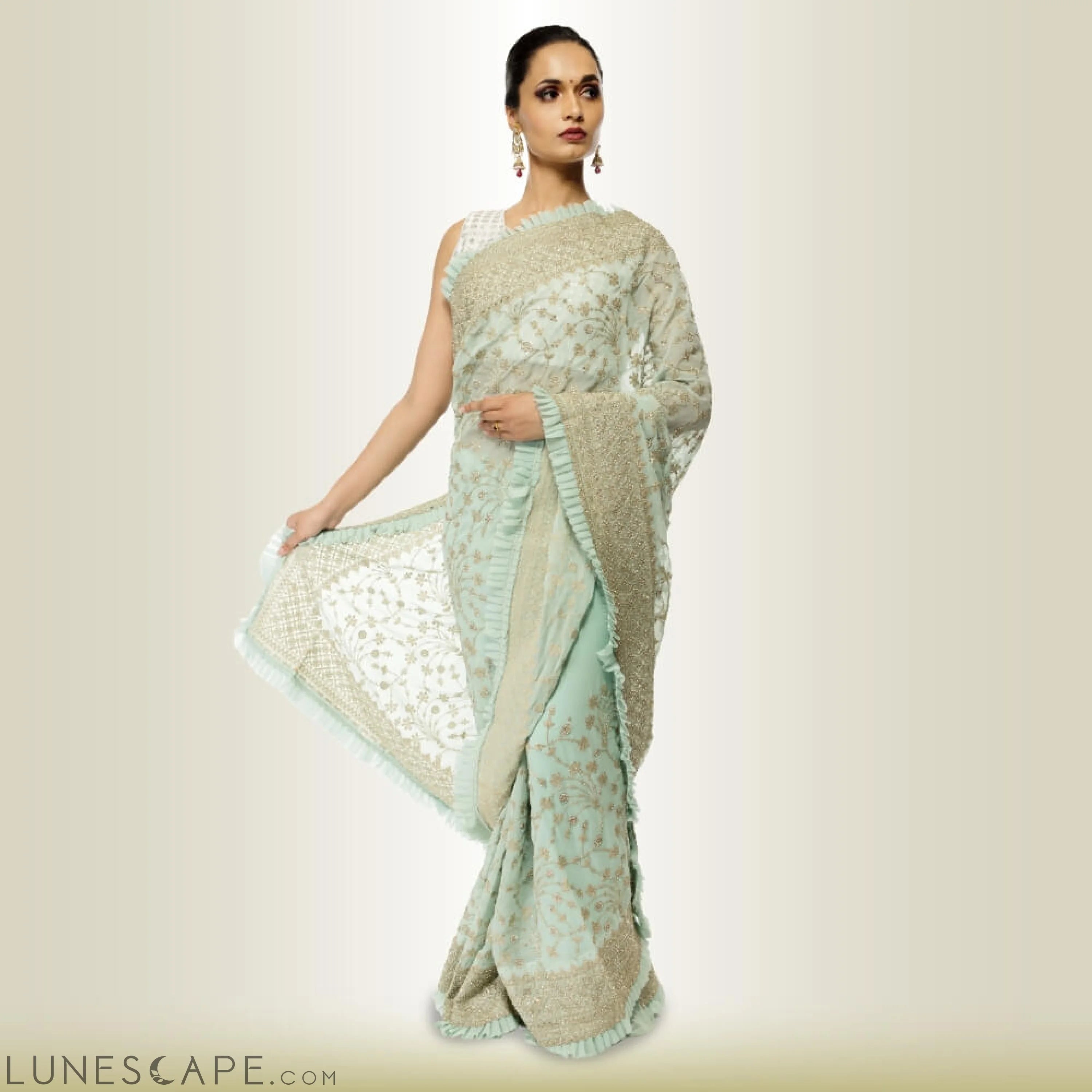 Indian Saree Dress in Georgette - Green LUNESCAPE