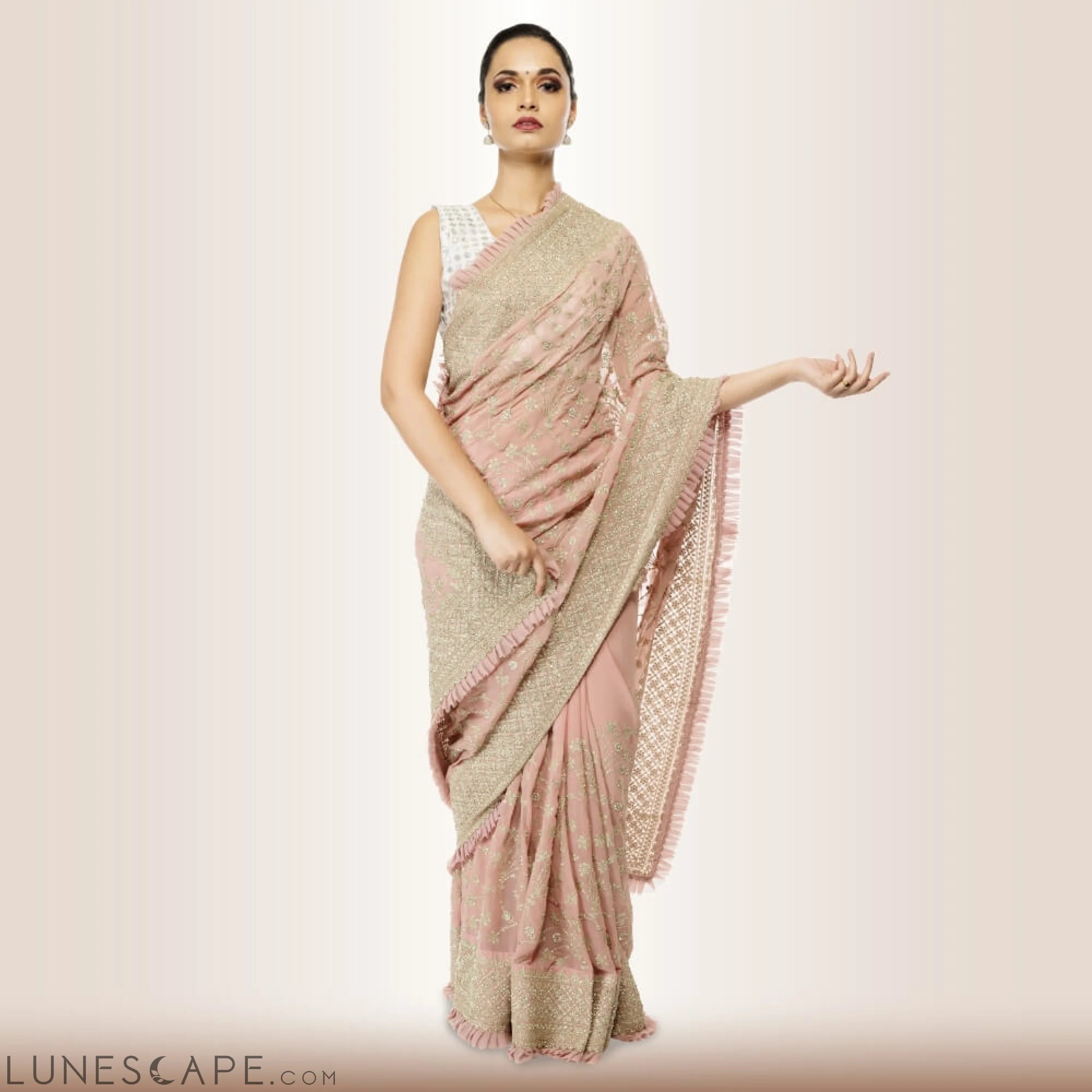 Indian Saree Dress in Georgette - Pink LUNESCAPE
