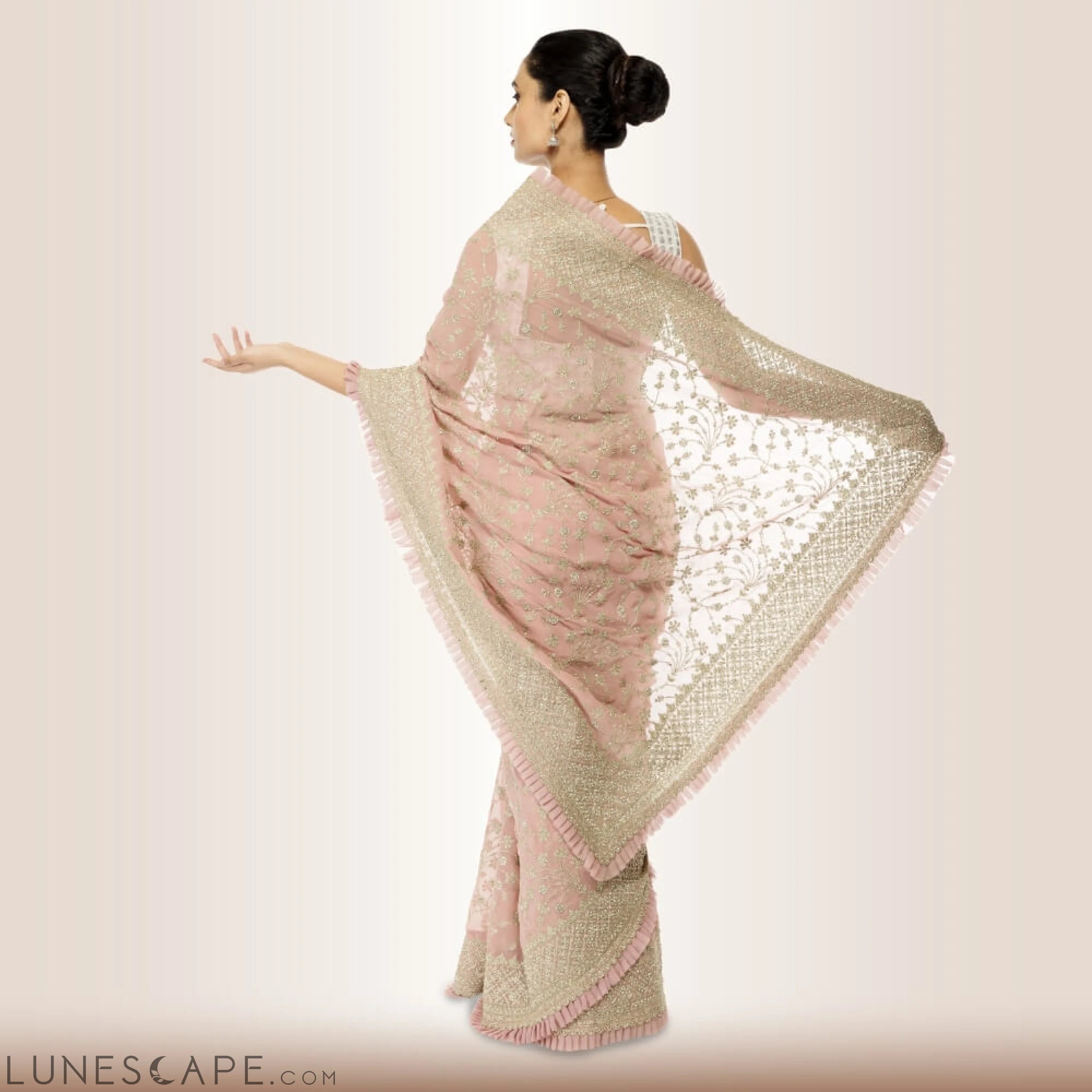 Indian Saree Dress in Georgette - Pink LUNESCAPE