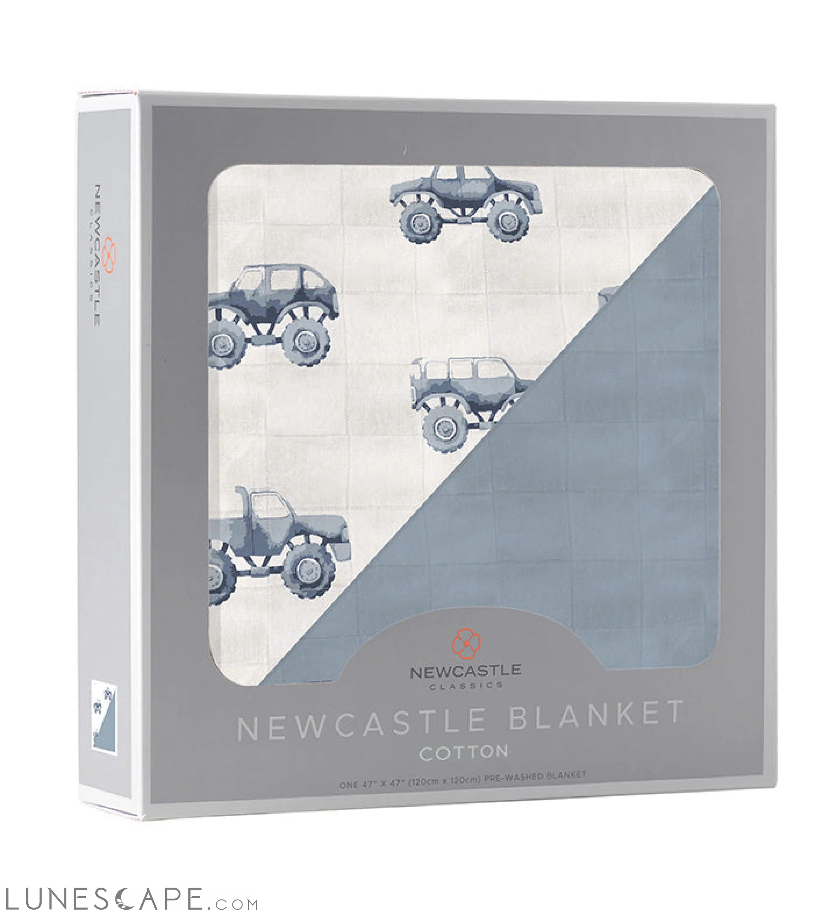 Indigo Monster Trucks and Blue Fog Cotton Newcastle Blanket LUNESCAPE
