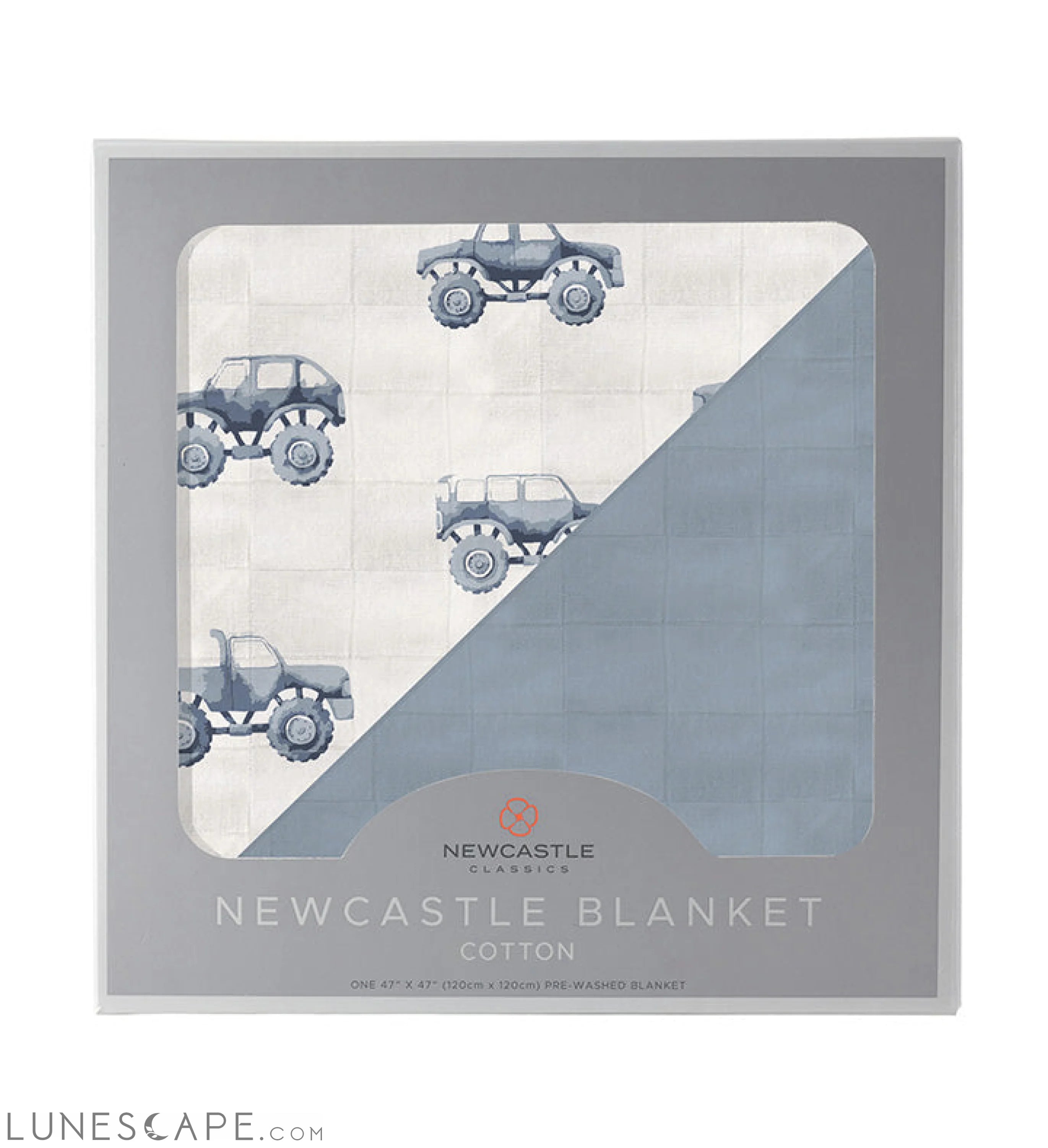 Indigo Monster Trucks and Blue Fog Cotton Newcastle Blanket LUNESCAPE