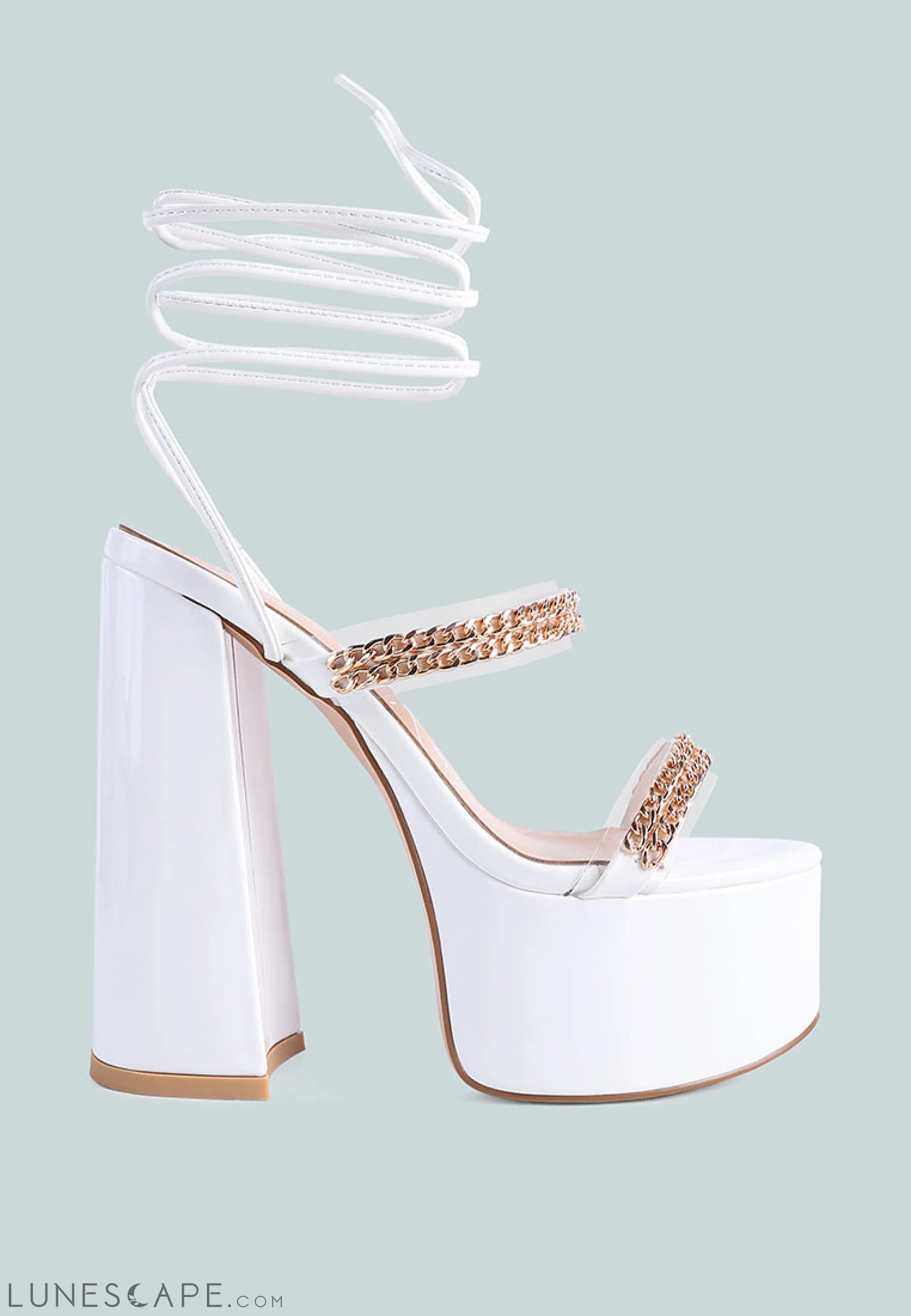Indulgence Metal Chain Lace Up Chunky Sandals LUNESCAPE