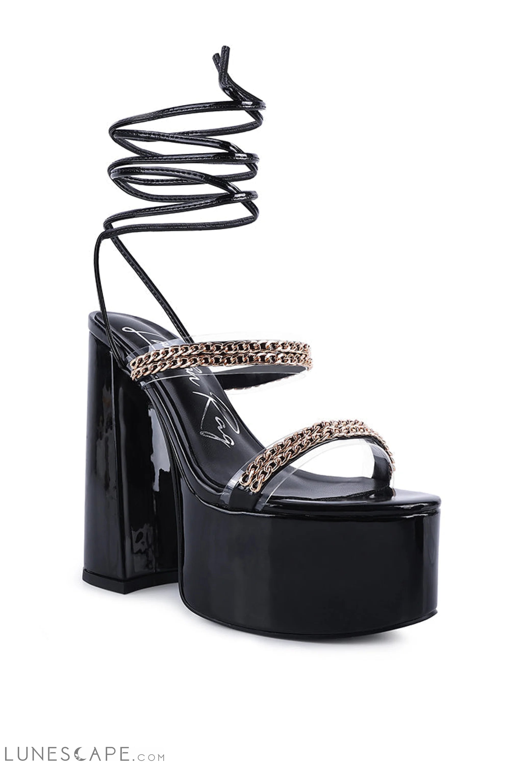 Indulgence Metal Chain Lace Up Chunky Sandals LUNESCAPE