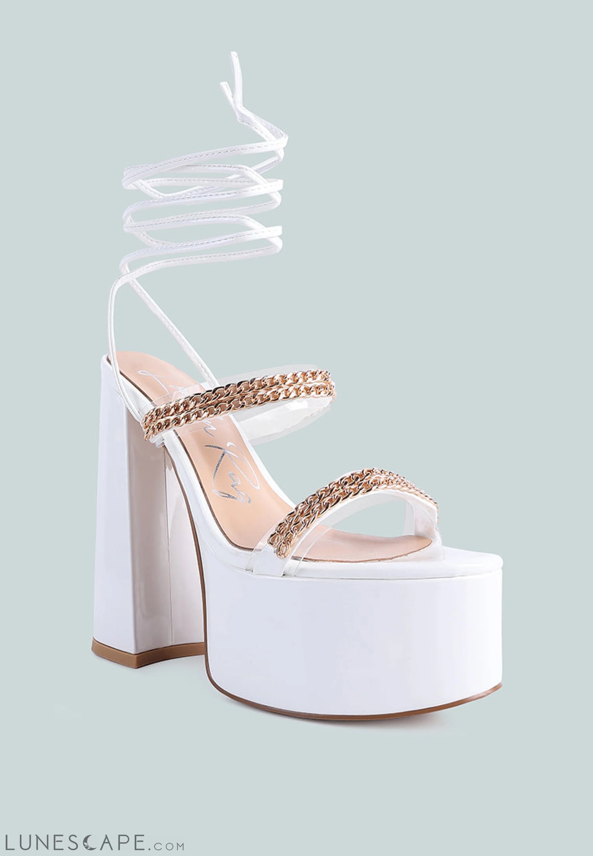 Indulgence Metal Chain Lace Up Chunky Sandals LUNESCAPE