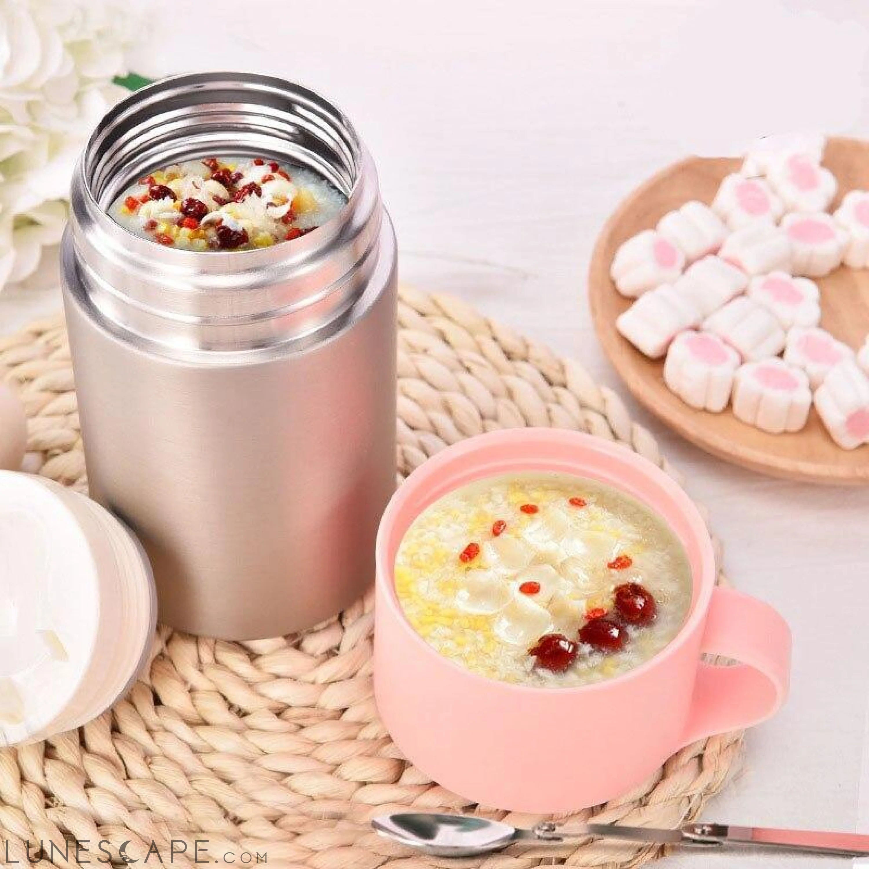 Insulated Thermos with Folding Spoon - White LUNESCAPE