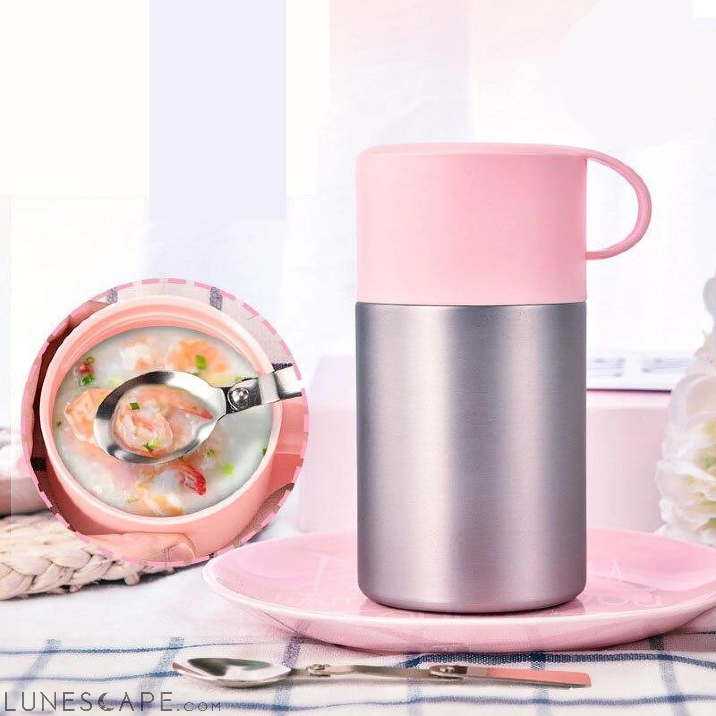 Insulated Thermos with Folding Spoon - White LUNESCAPE