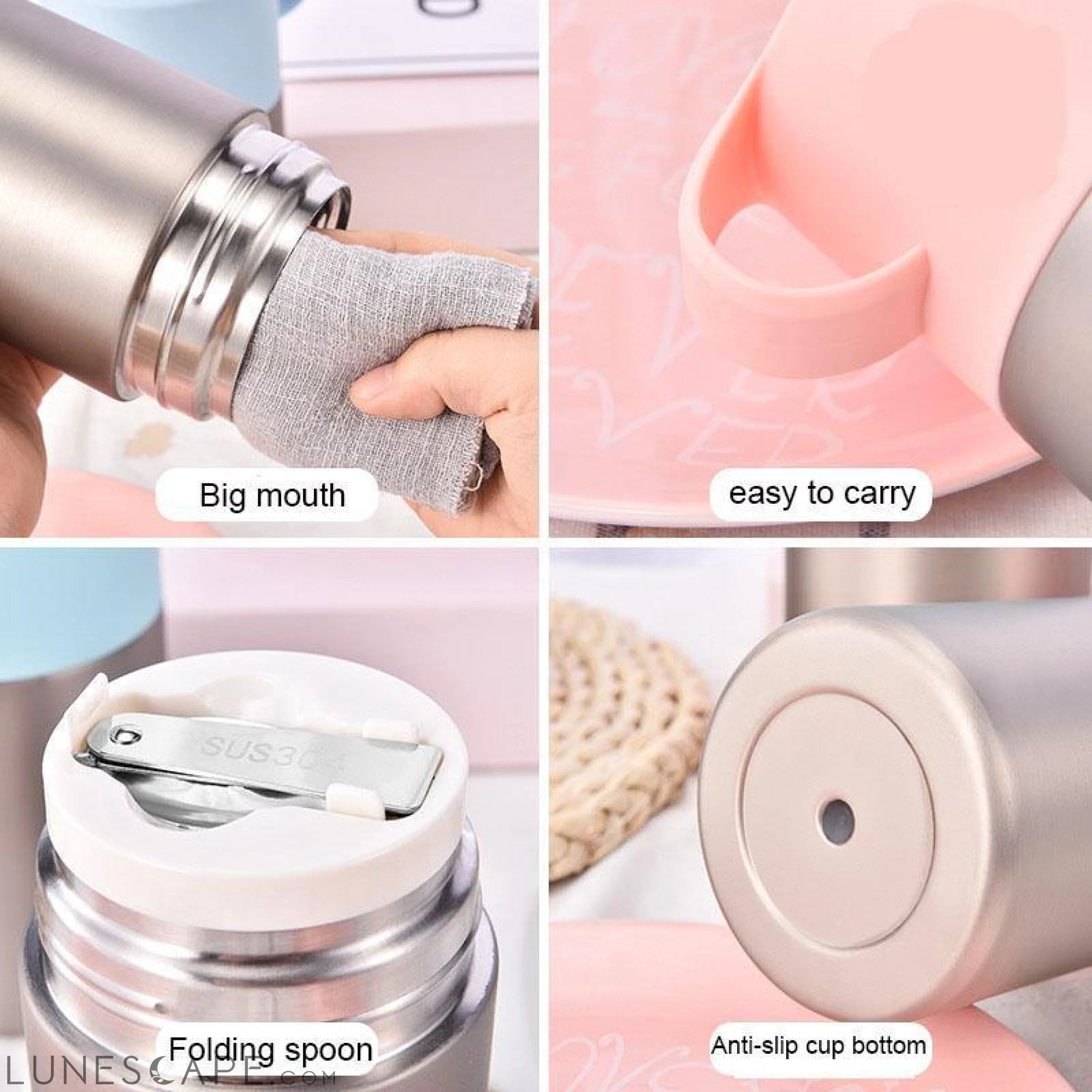 Insulated Thermos with Folding Spoon - White LUNESCAPE