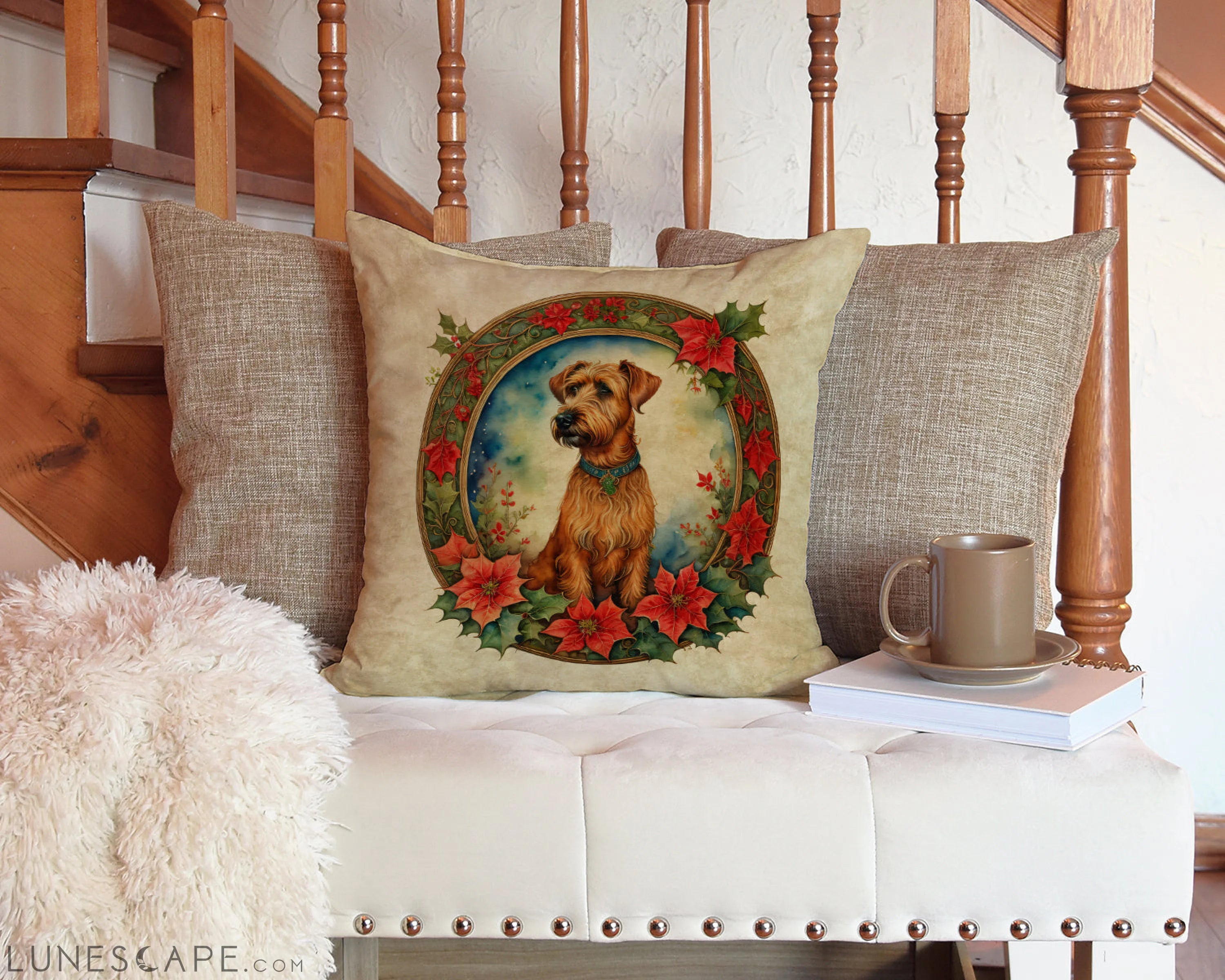 Irish Terrier Christmas Flowers Throw Pillow LUNESCAPE