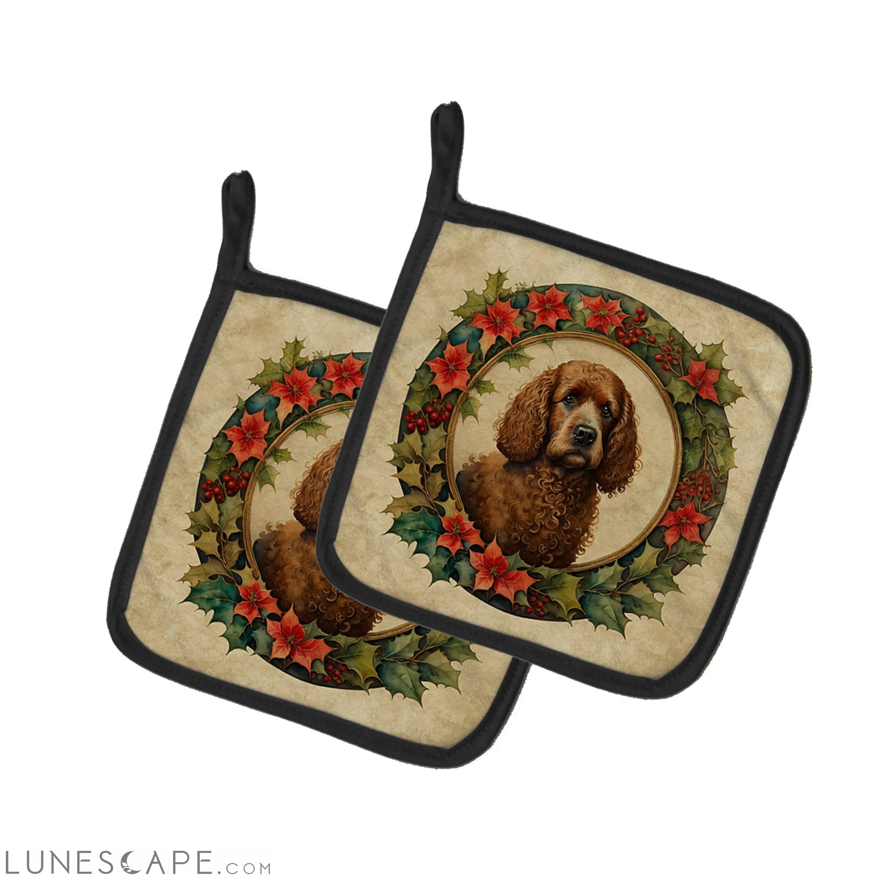 Irish Water Spaniel Christmas Flowers Pair of Pot Holders LUNESCAPE