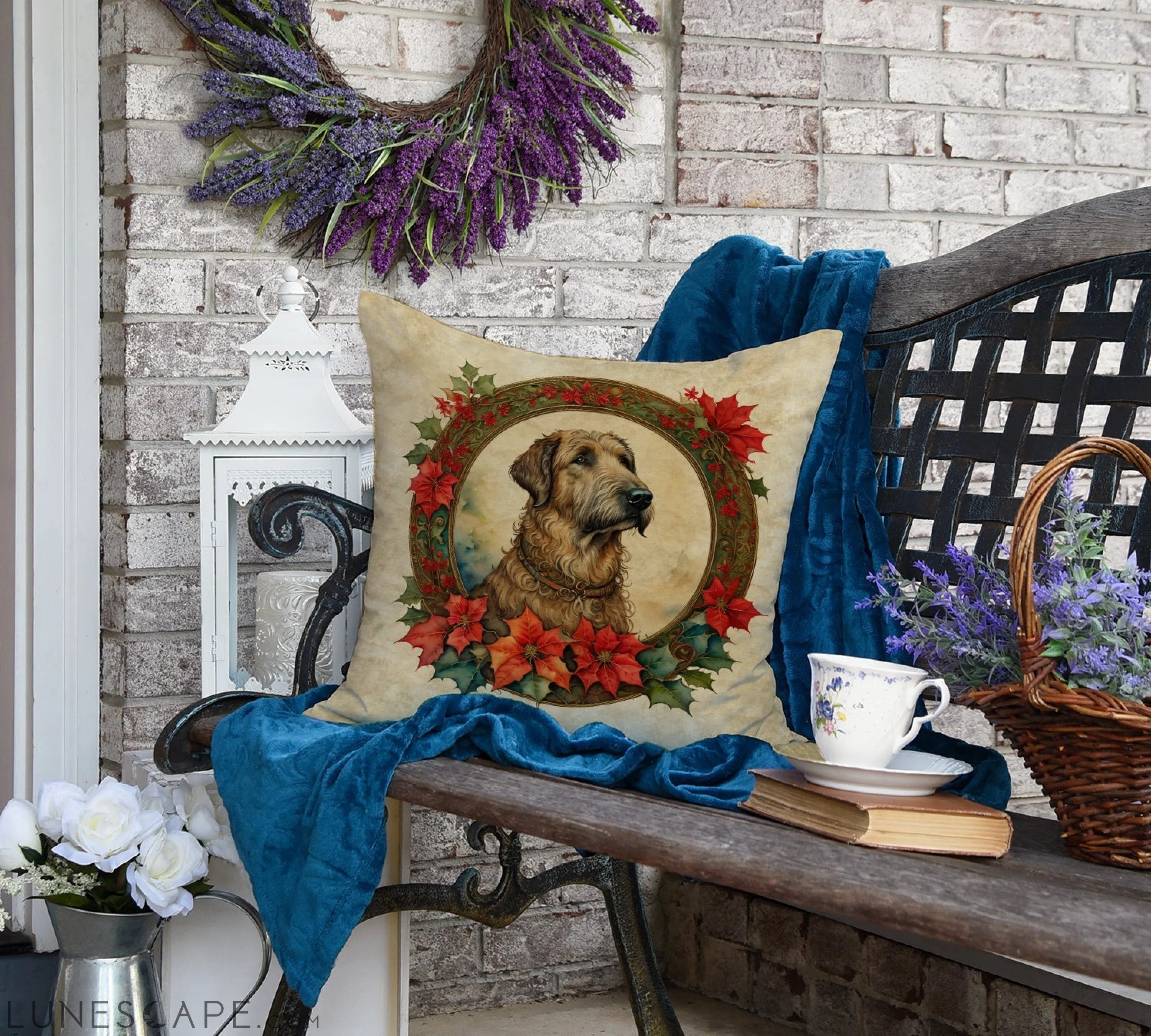 Irish Wolfhound Christmas Flowers Throw Pillow LUNESCAPE