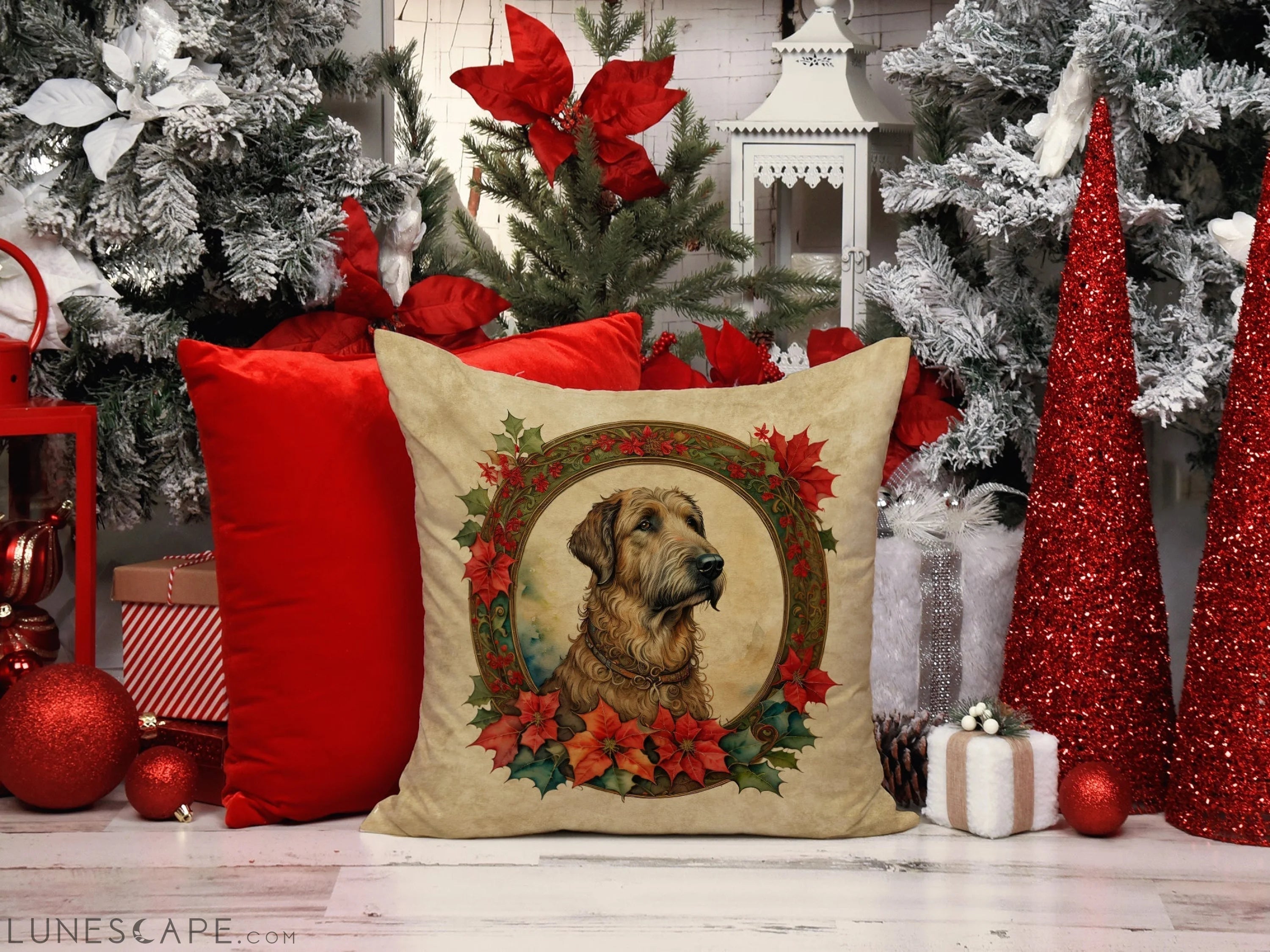 Irish Wolfhound Christmas Flowers Throw Pillow LUNESCAPE