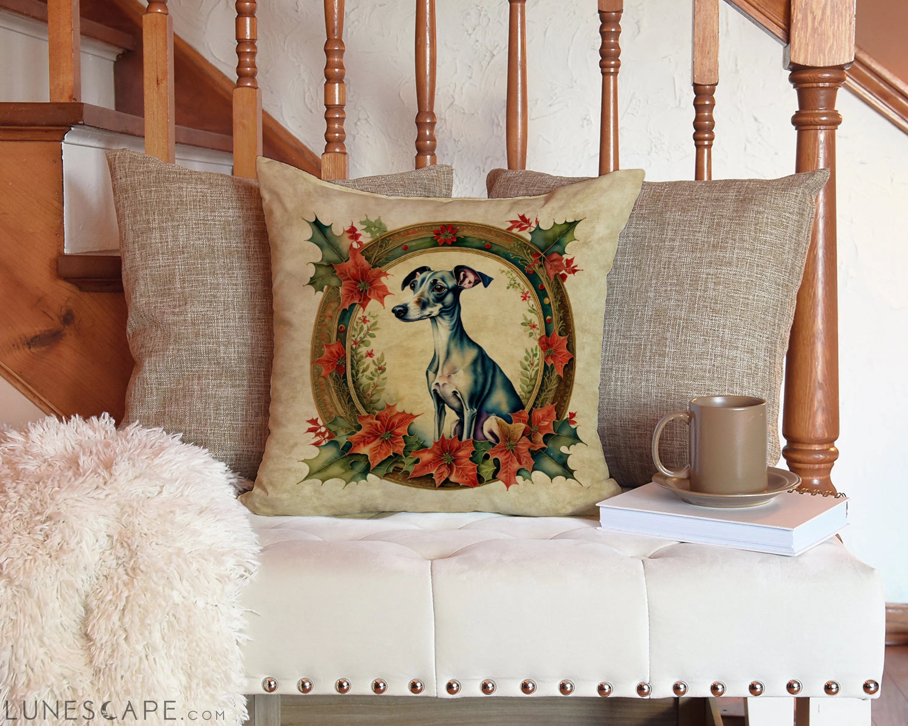 Italian Greyhound Christmas Flowers Throw Pillow LUNESCAPE