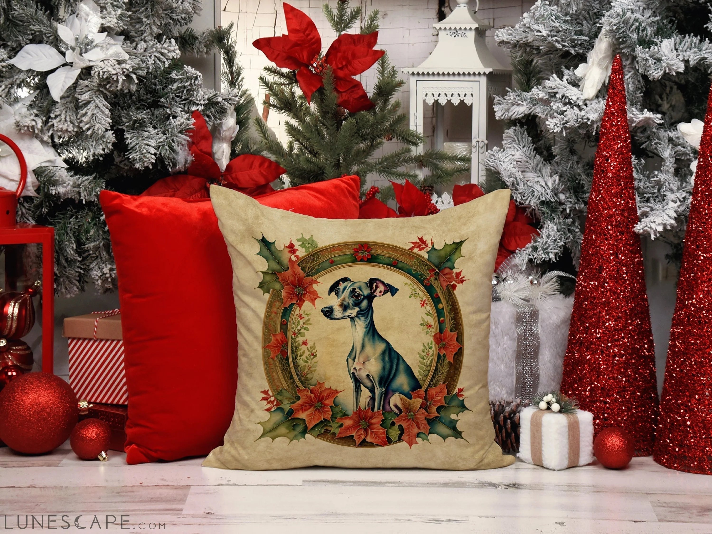 Italian Greyhound Christmas Flowers Throw Pillow LUNESCAPE