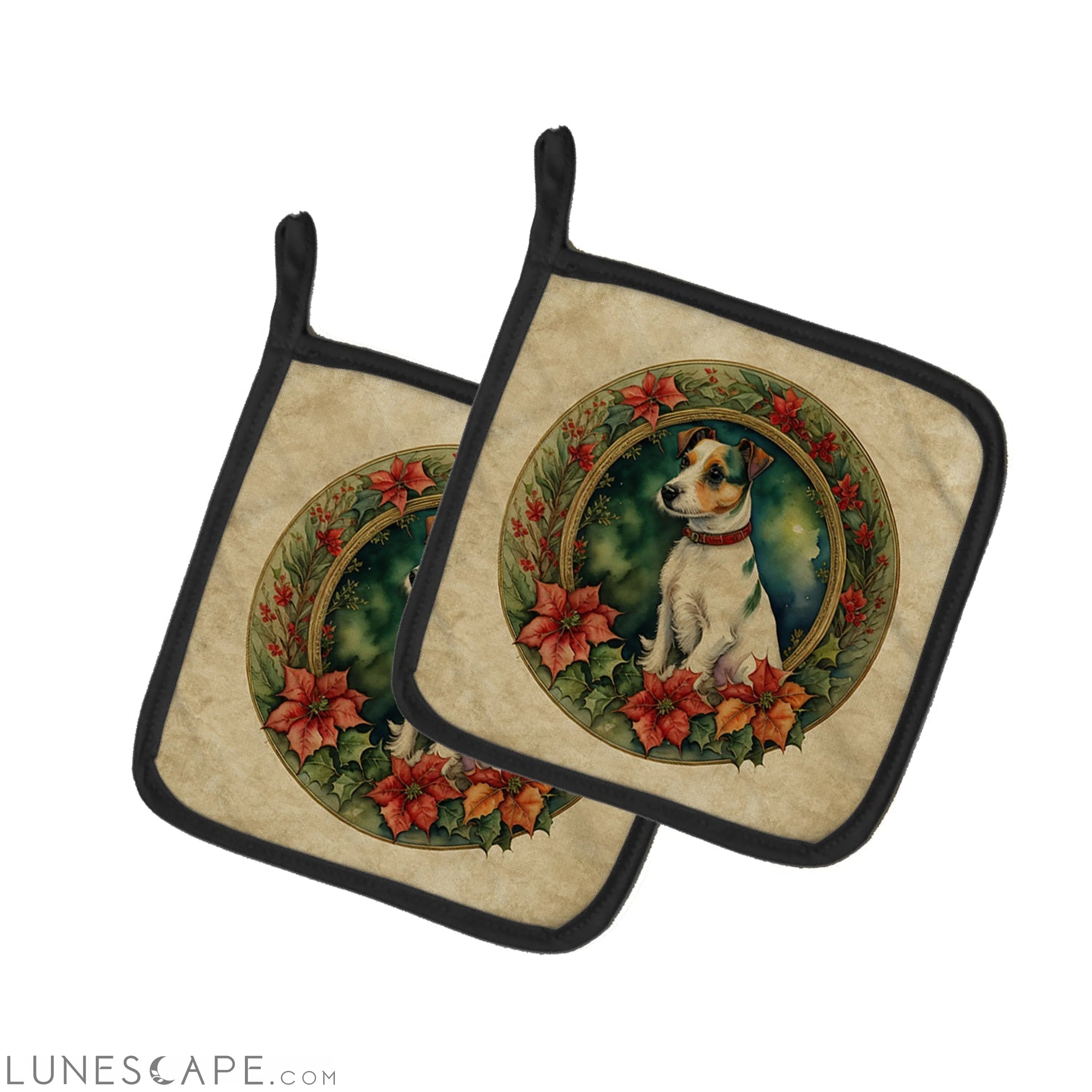 Jack Russell Terrier Christmas Flowers Pair of Pot Holders LUNESCAPE