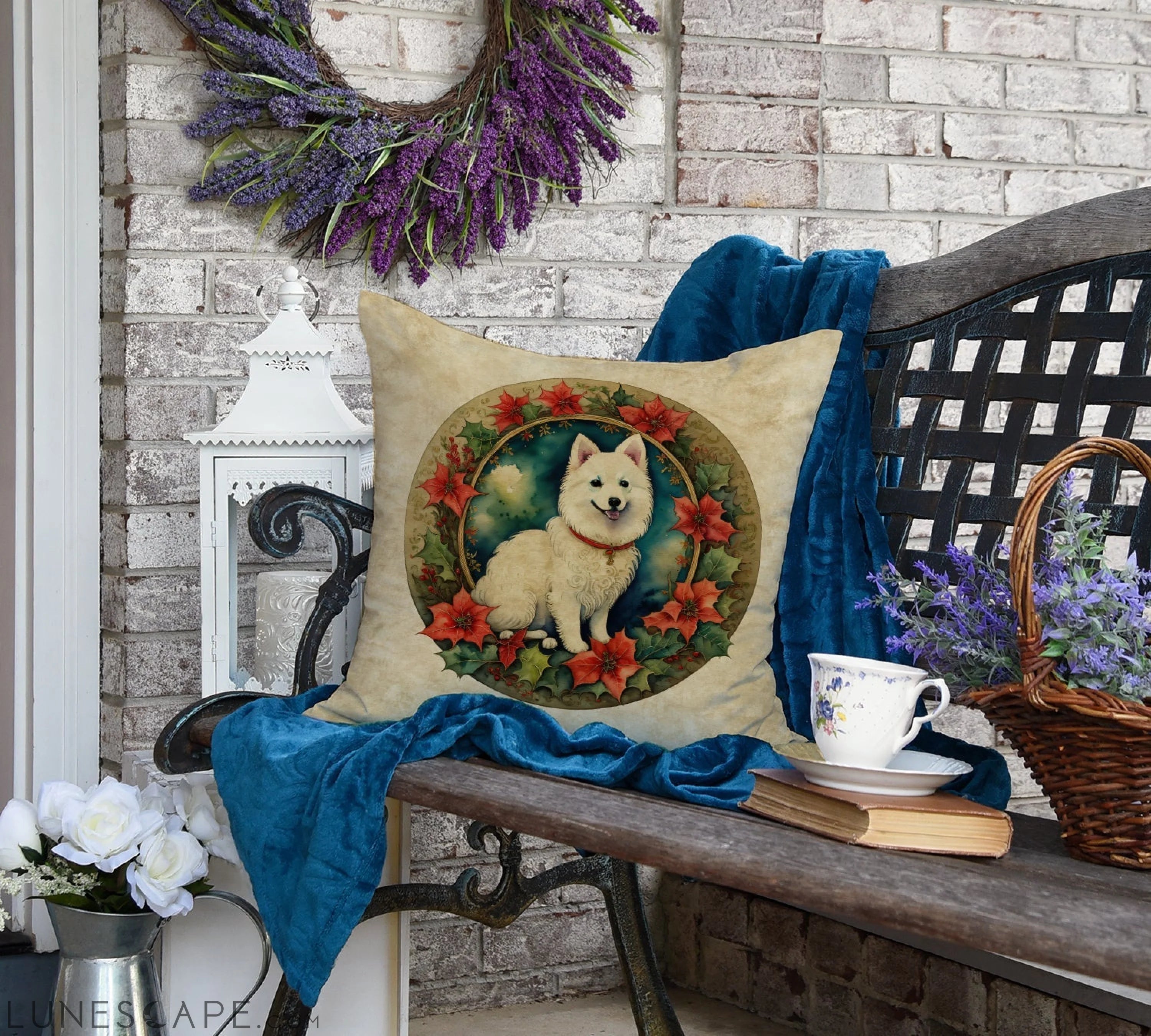 Japanese Spitz Christmas Flowers Throw Pillow LUNESCAPE