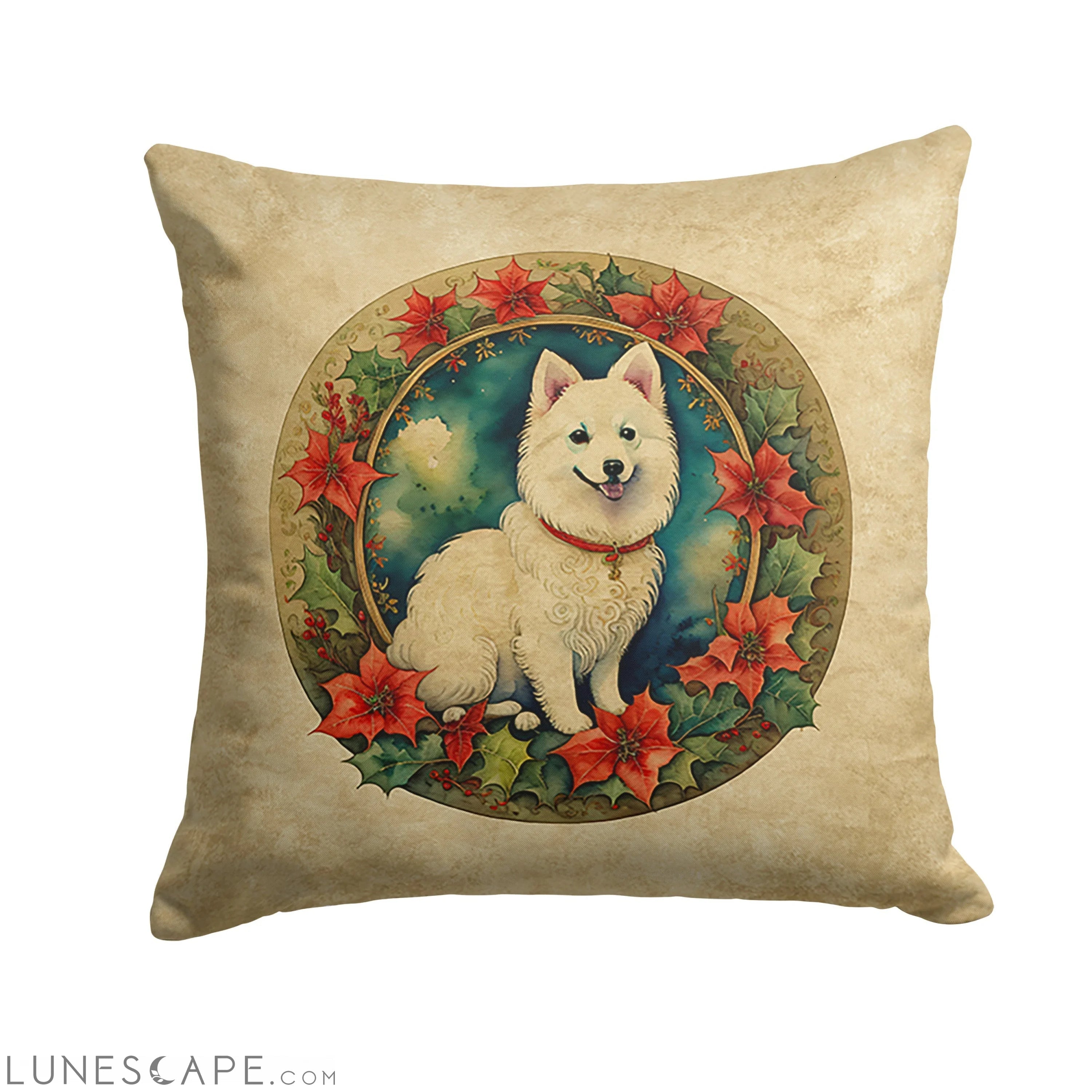 Japanese Spitz Christmas Flowers Throw Pillow LUNESCAPE