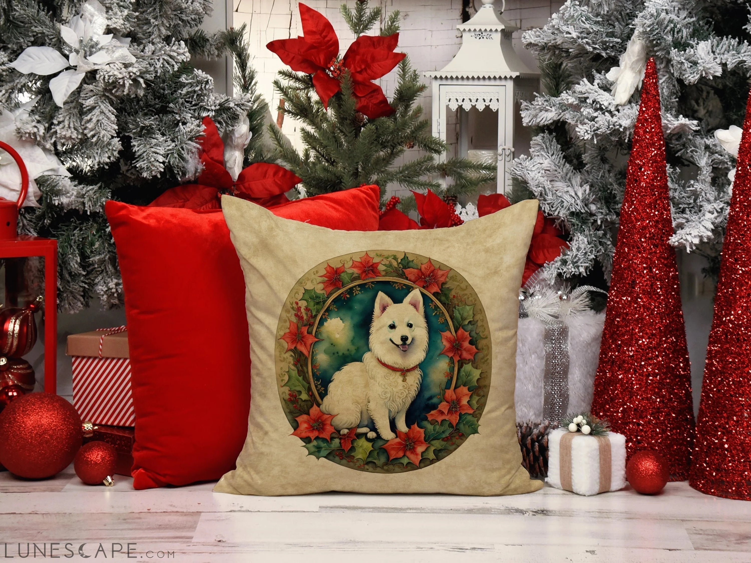 Japanese Spitz Christmas Flowers Throw Pillow LUNESCAPE