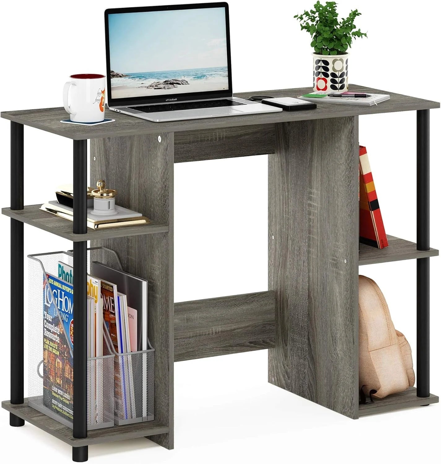 Jaya Computer Study Desk with Open Storage, French Oak Grey/Black LUNESCAPE