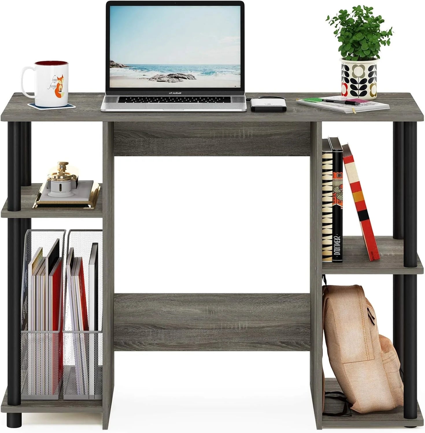 Jaya Computer Study Desk with Open Storage, French Oak Grey/Black LUNESCAPE