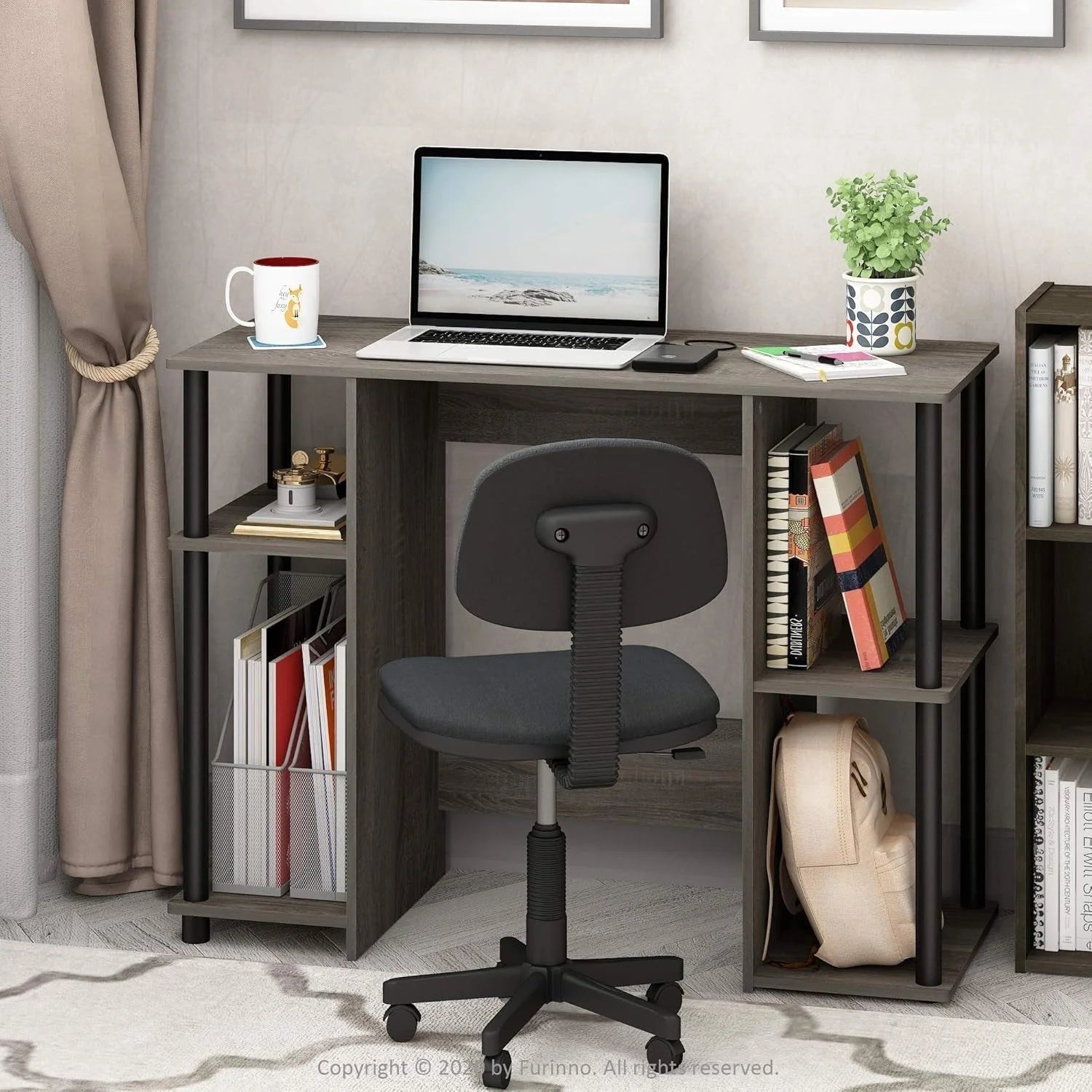 Jaya Computer Study Desk with Open Storage, French Oak Grey/Black LUNESCAPE