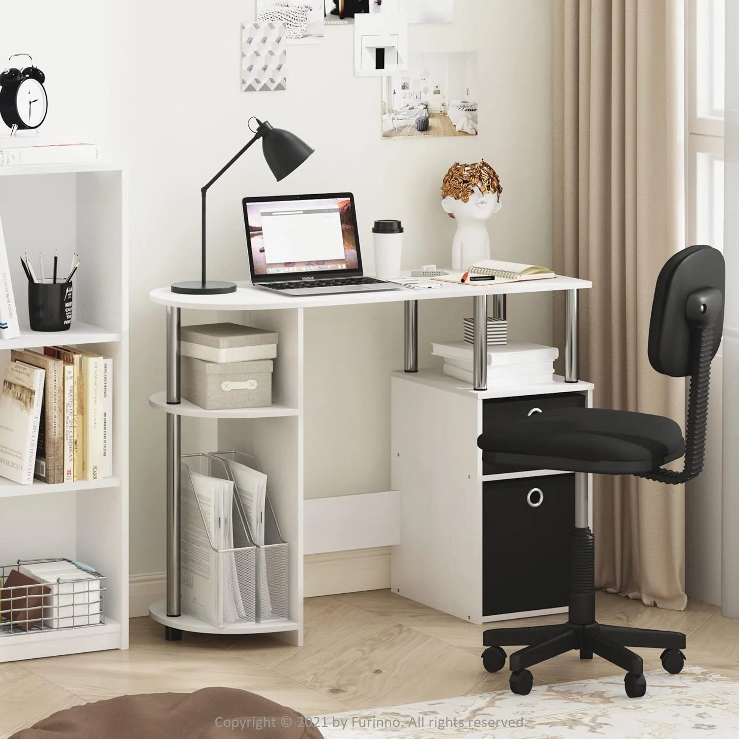 Jaya Simplistic Computer Study Desk, White Oak/Chrome/Black LUNESCAPE