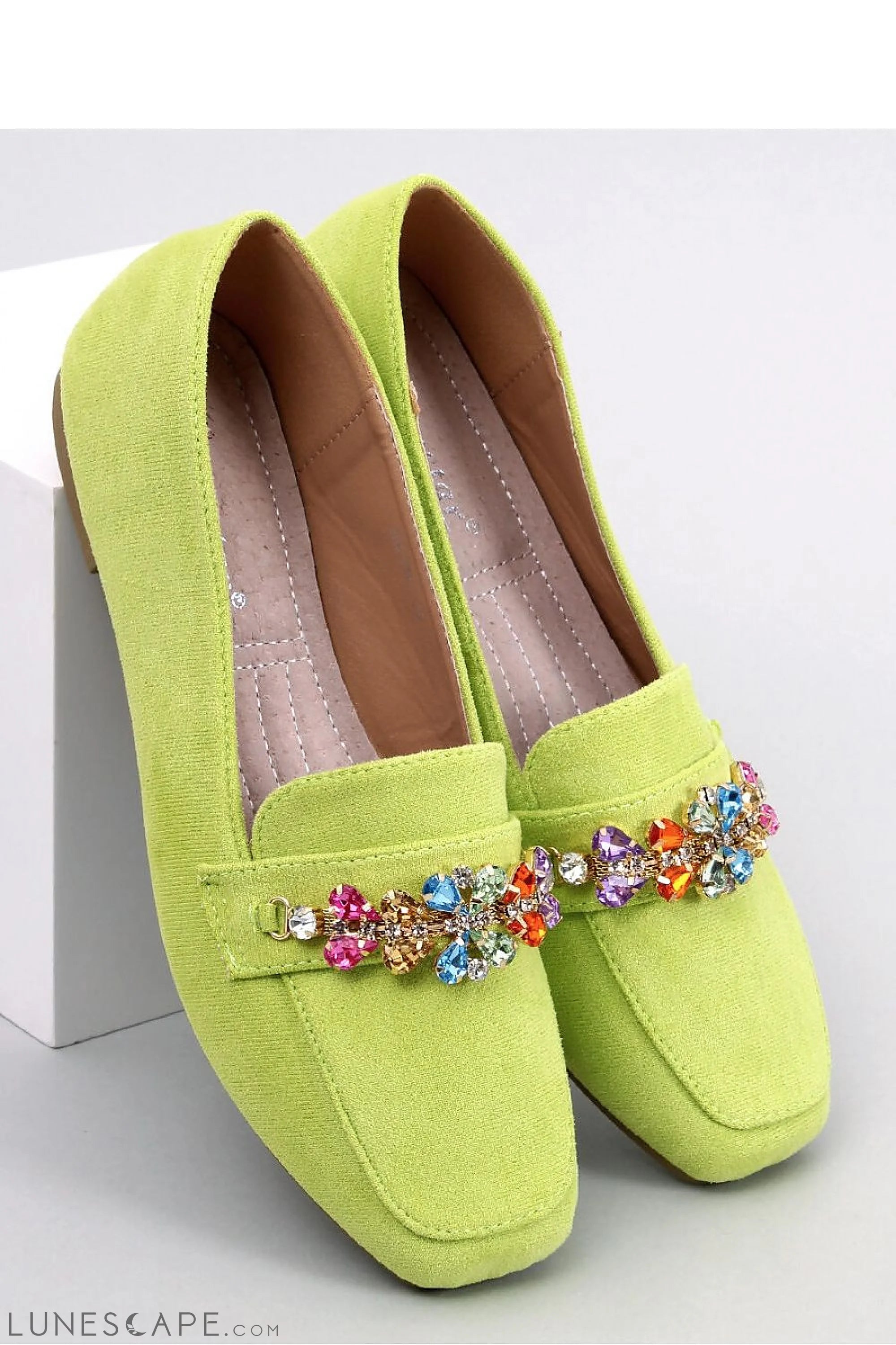 Jewelled Lime Green Fabric Beaded Loafers for Women – Square Toe LUNESCAPE