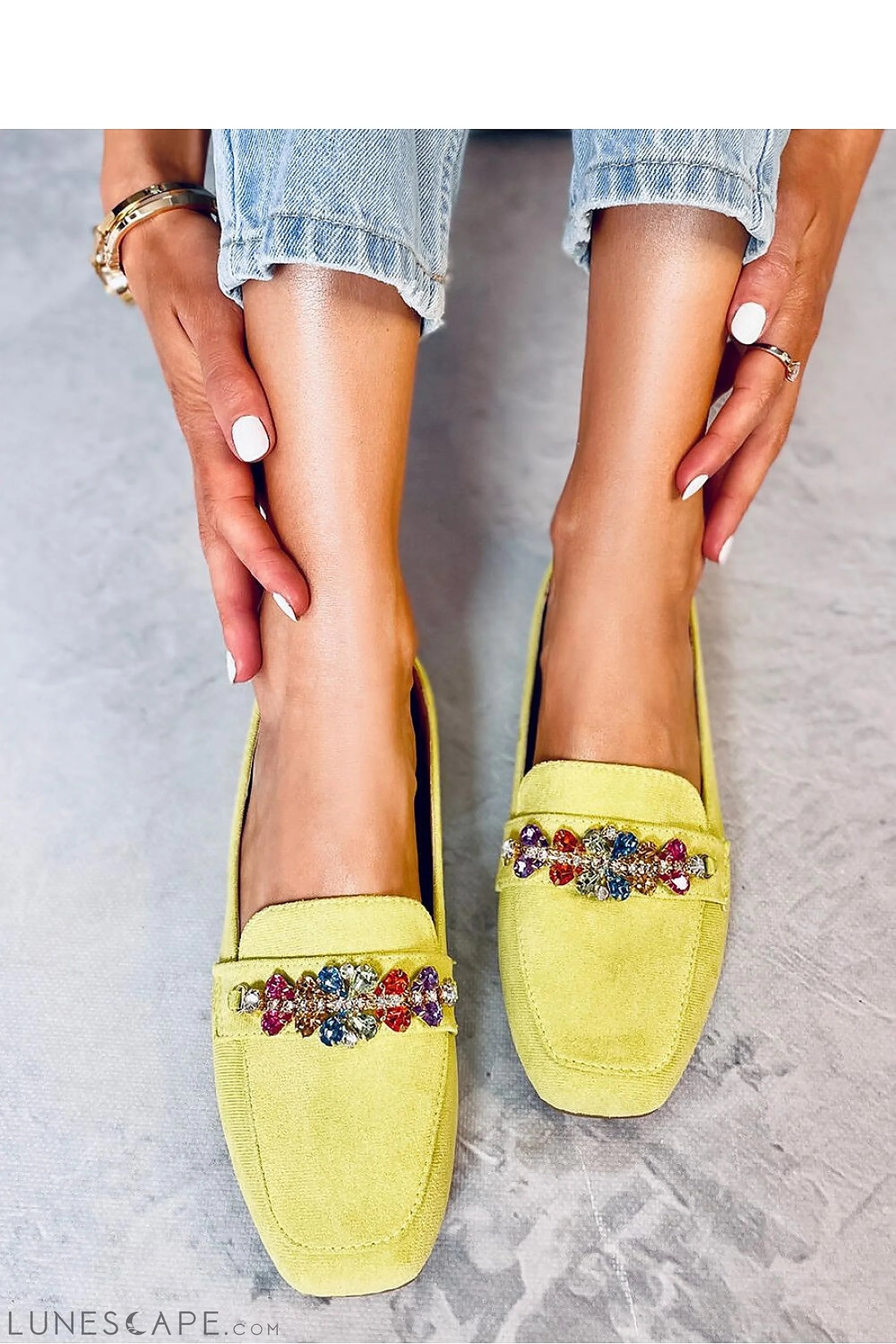 Jewelled Lime Green Fabric Beaded Loafers for Women – Square Toe LUNESCAPE