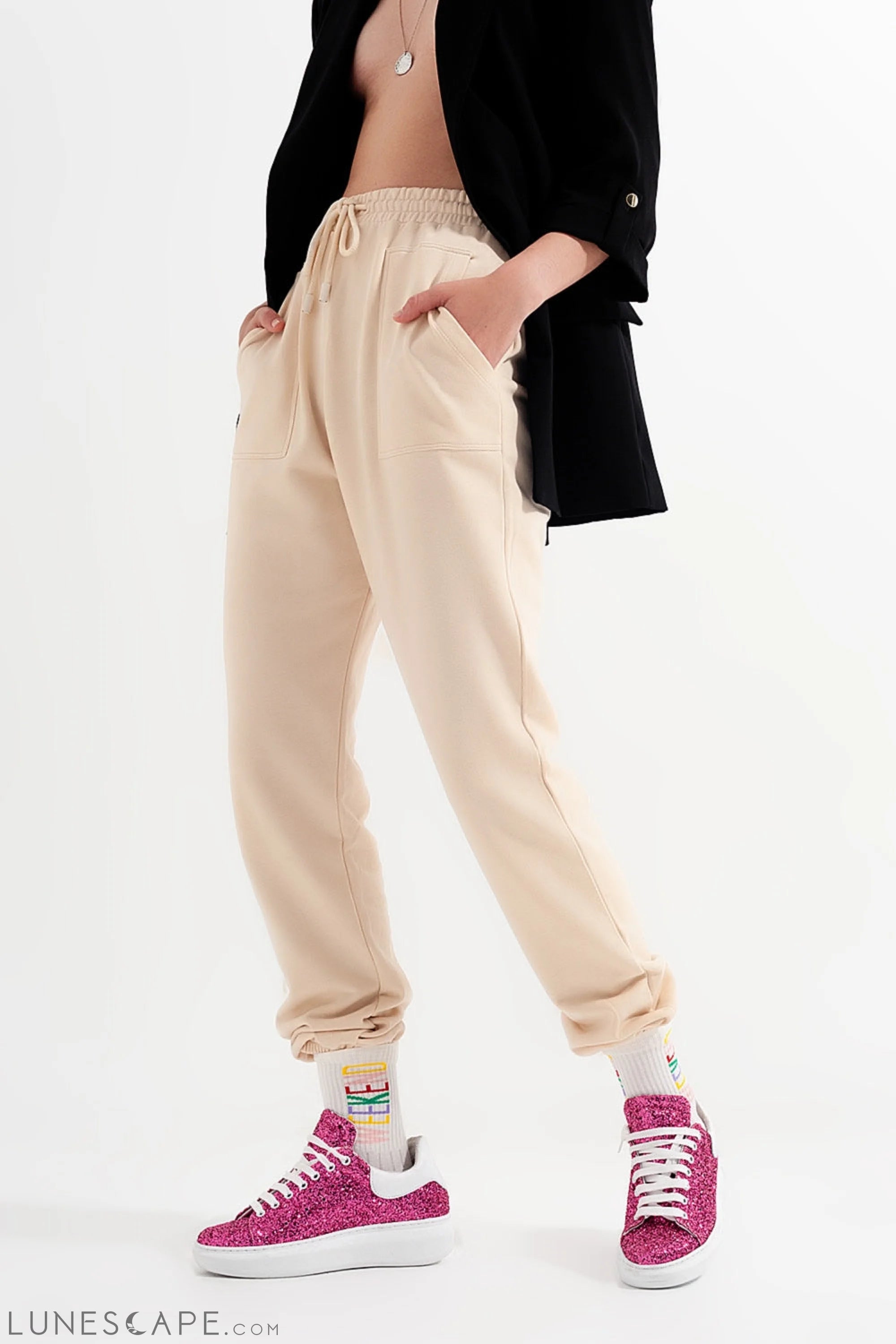 Joggers With Elastic Waist Band in Beige LUNESCAPE