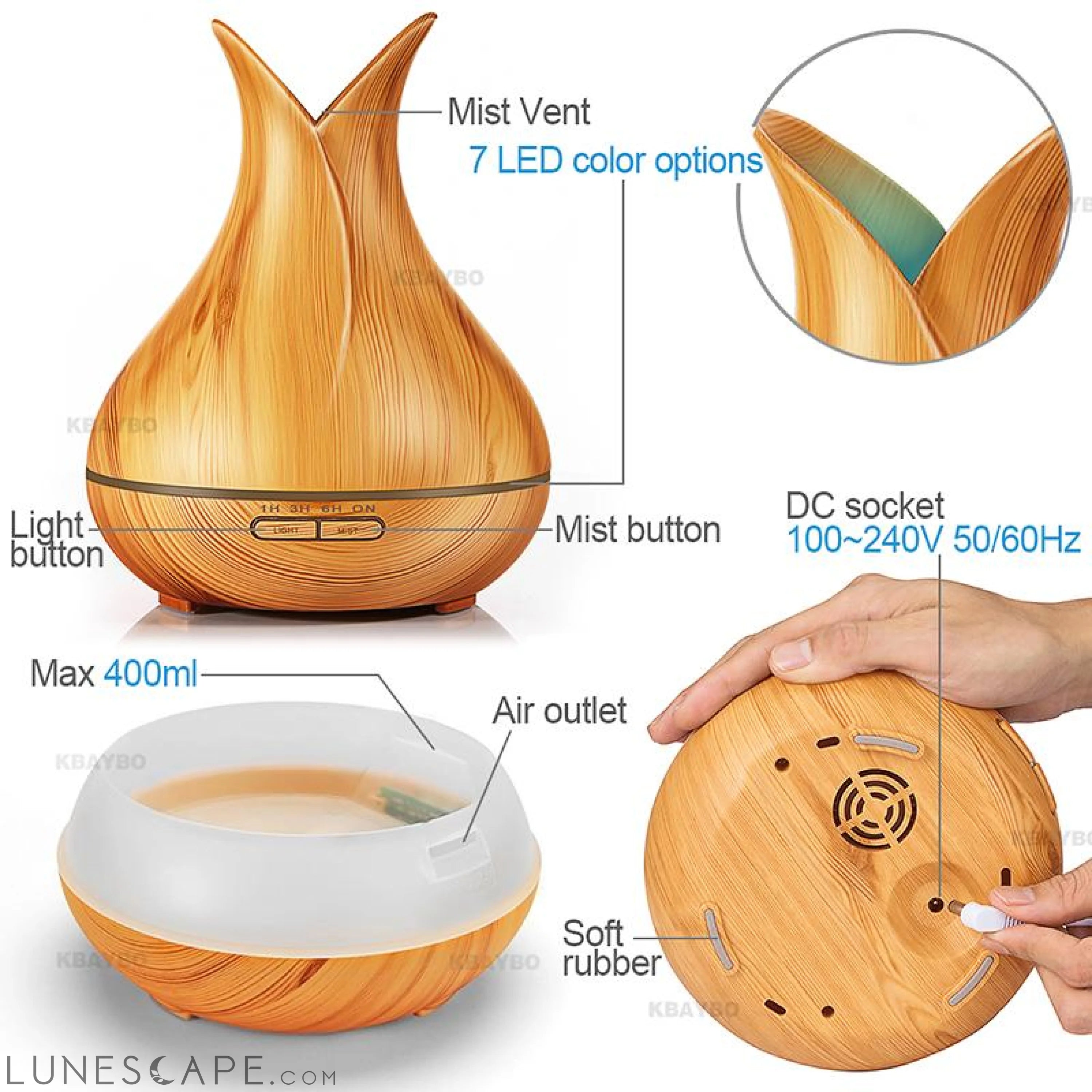 KBAYBO Ultrasonic Air Humidifier electric Aroma air diffuser Essential LUNESCAPE