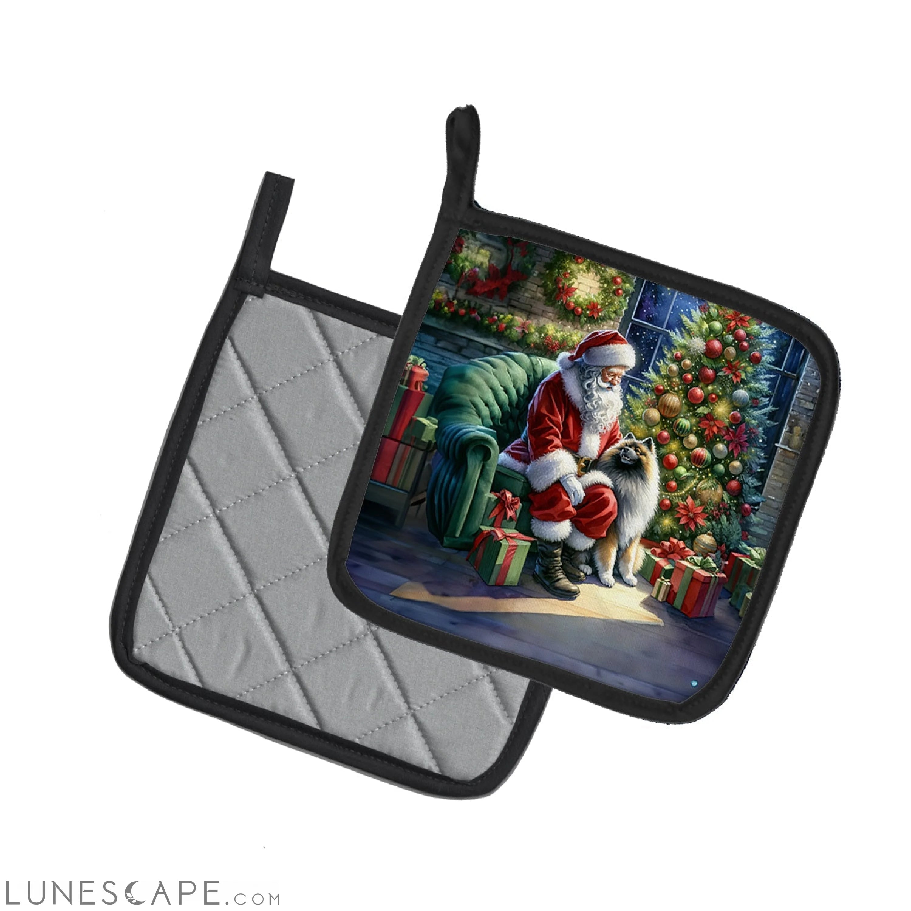 Keeshond and Santa Claus Pair of Pot Holders LUNESCAPE