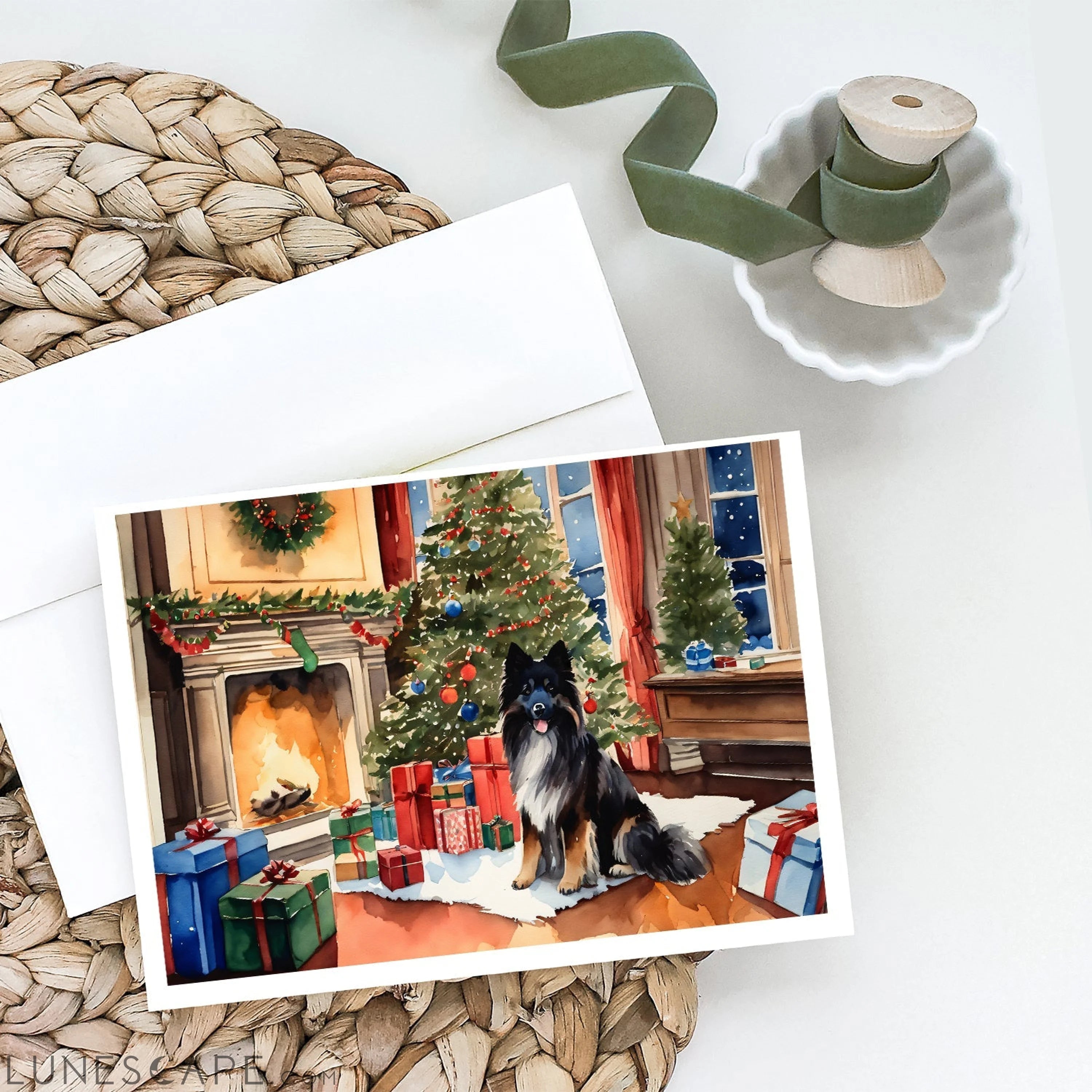 Keeshond Cozy Christmas Greeting Cards Pack of 8 LUNESCAPE