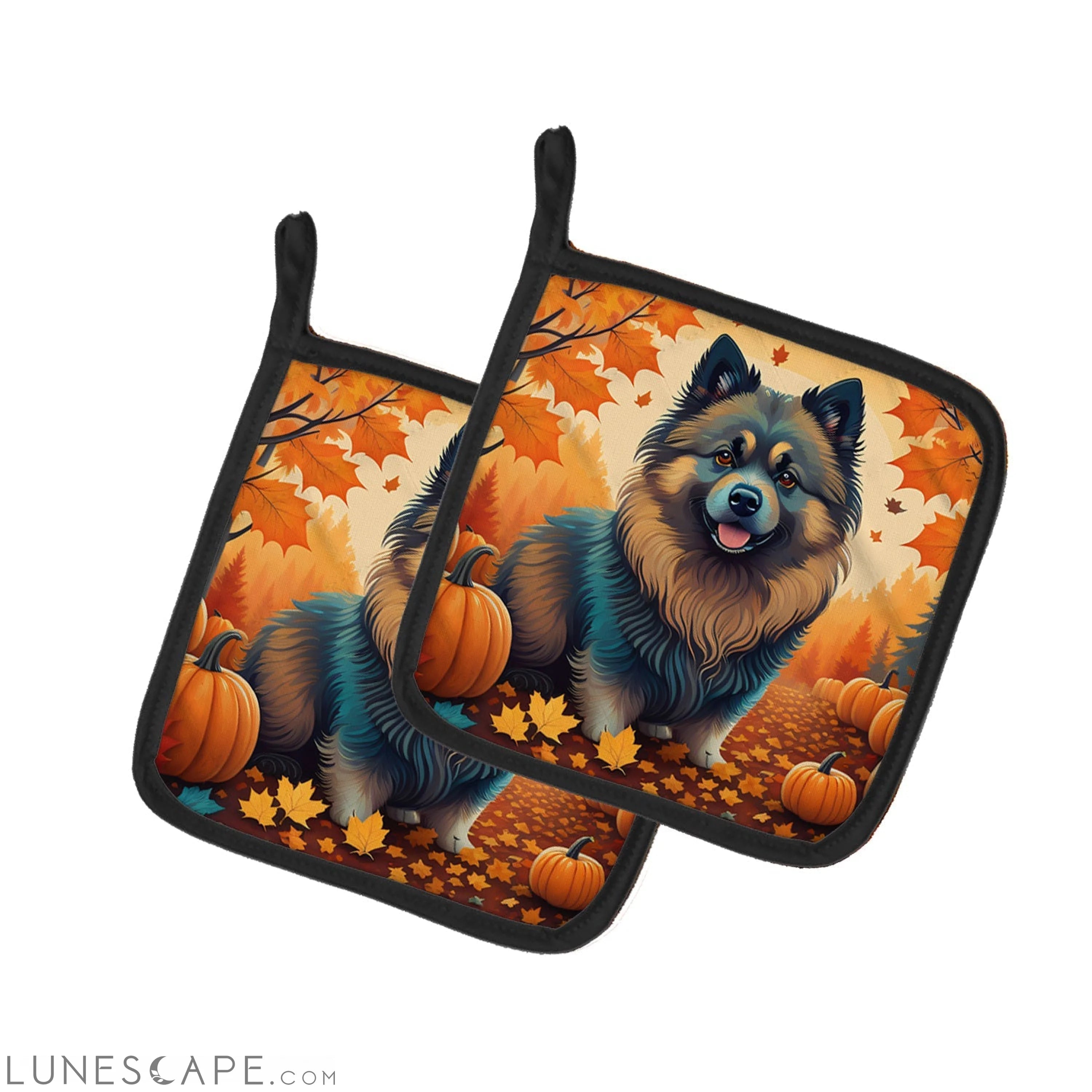 Keeshond Fall Pair of Pot Holders LUNESCAPE