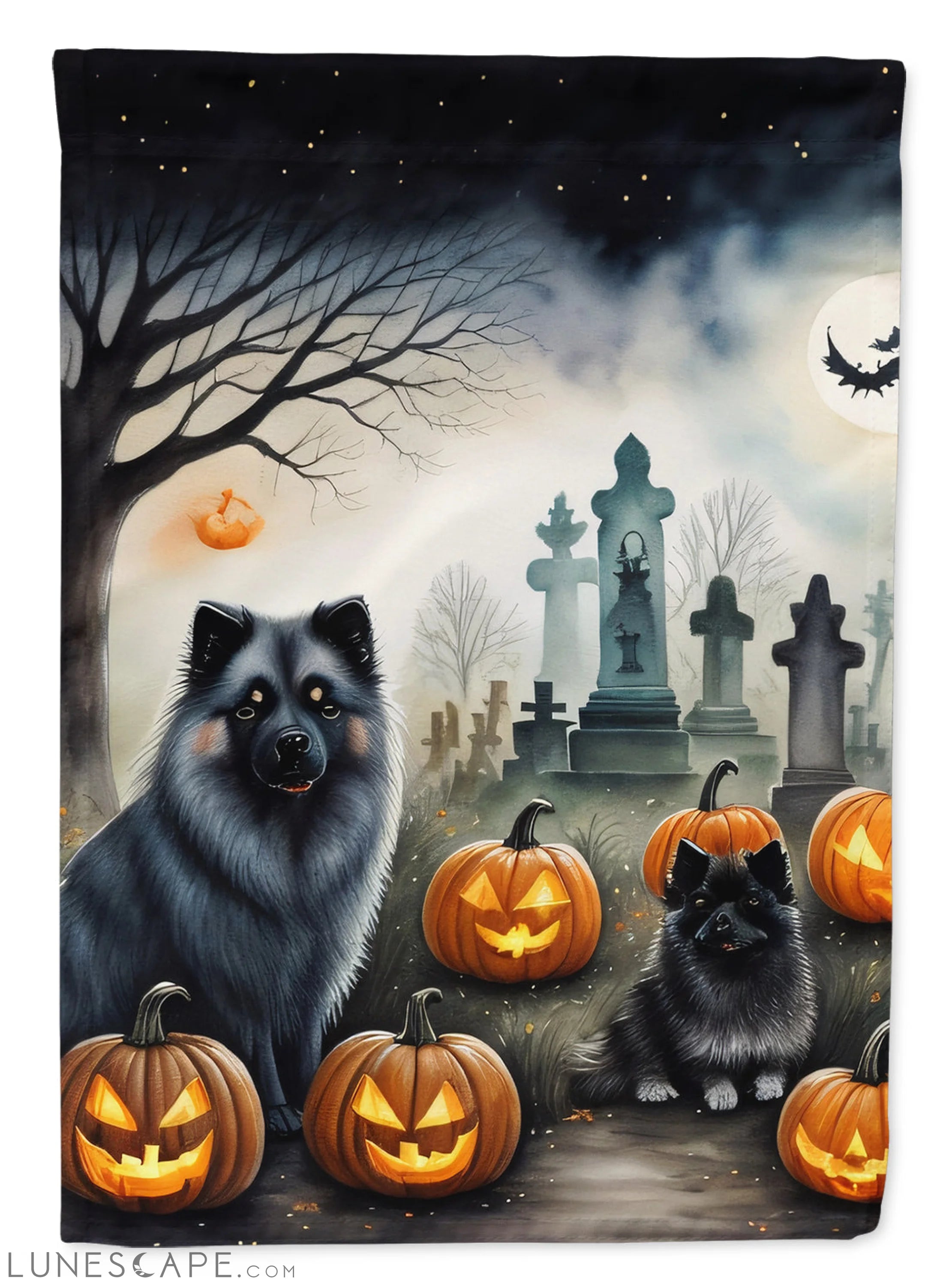 Keeshond Spooky Halloween Garden Flag LUNESCAPE