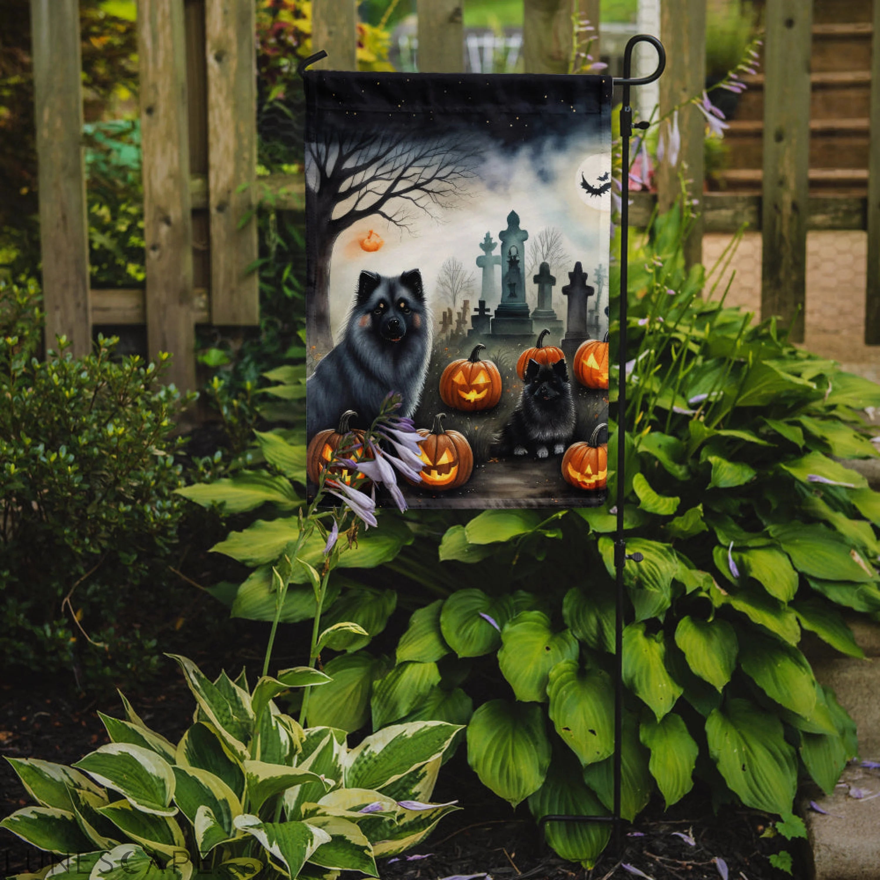Keeshond Spooky Halloween Garden Flag LUNESCAPE
