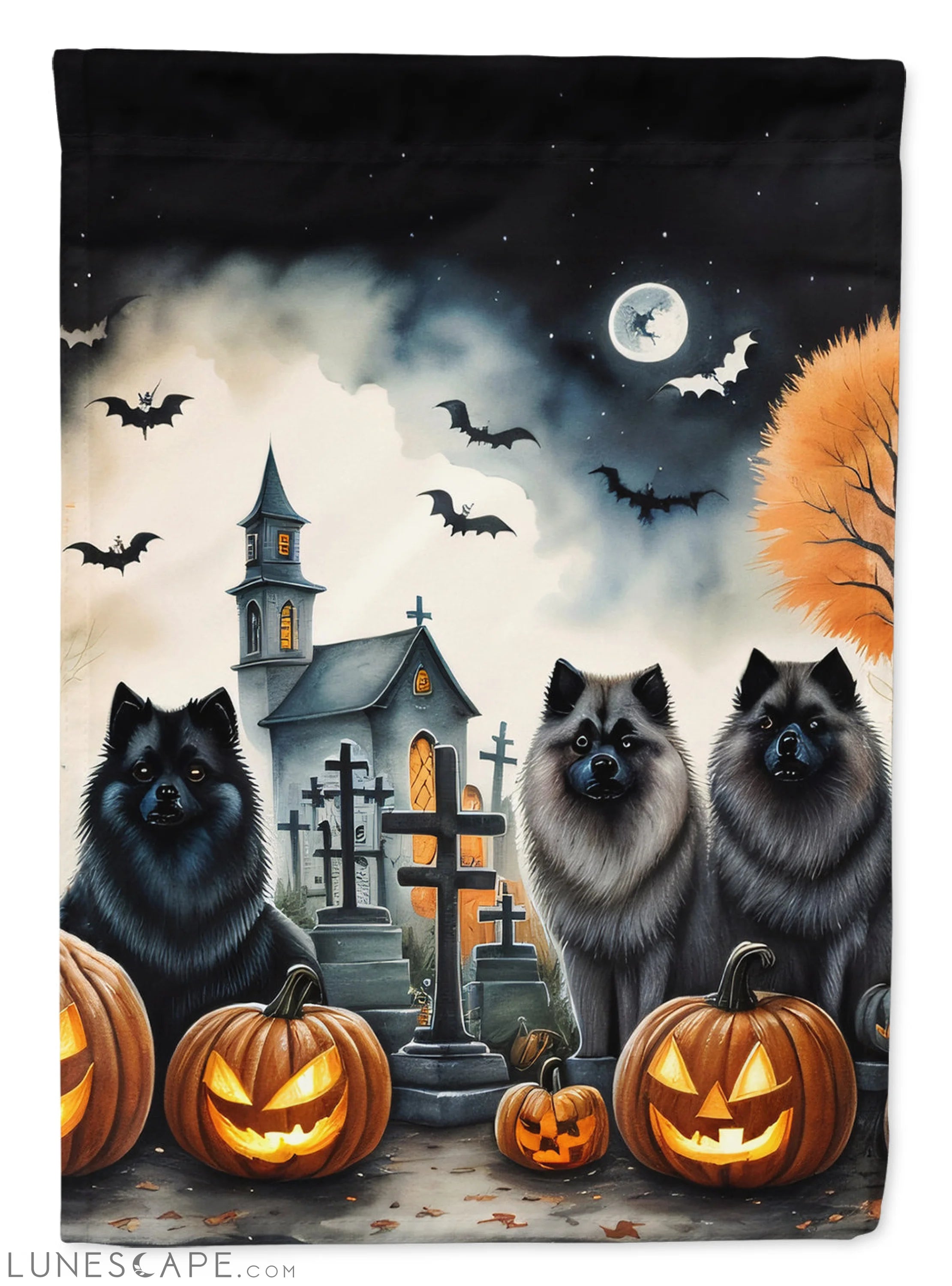 Keeshond Spooky Halloween House Flag LUNESCAPE